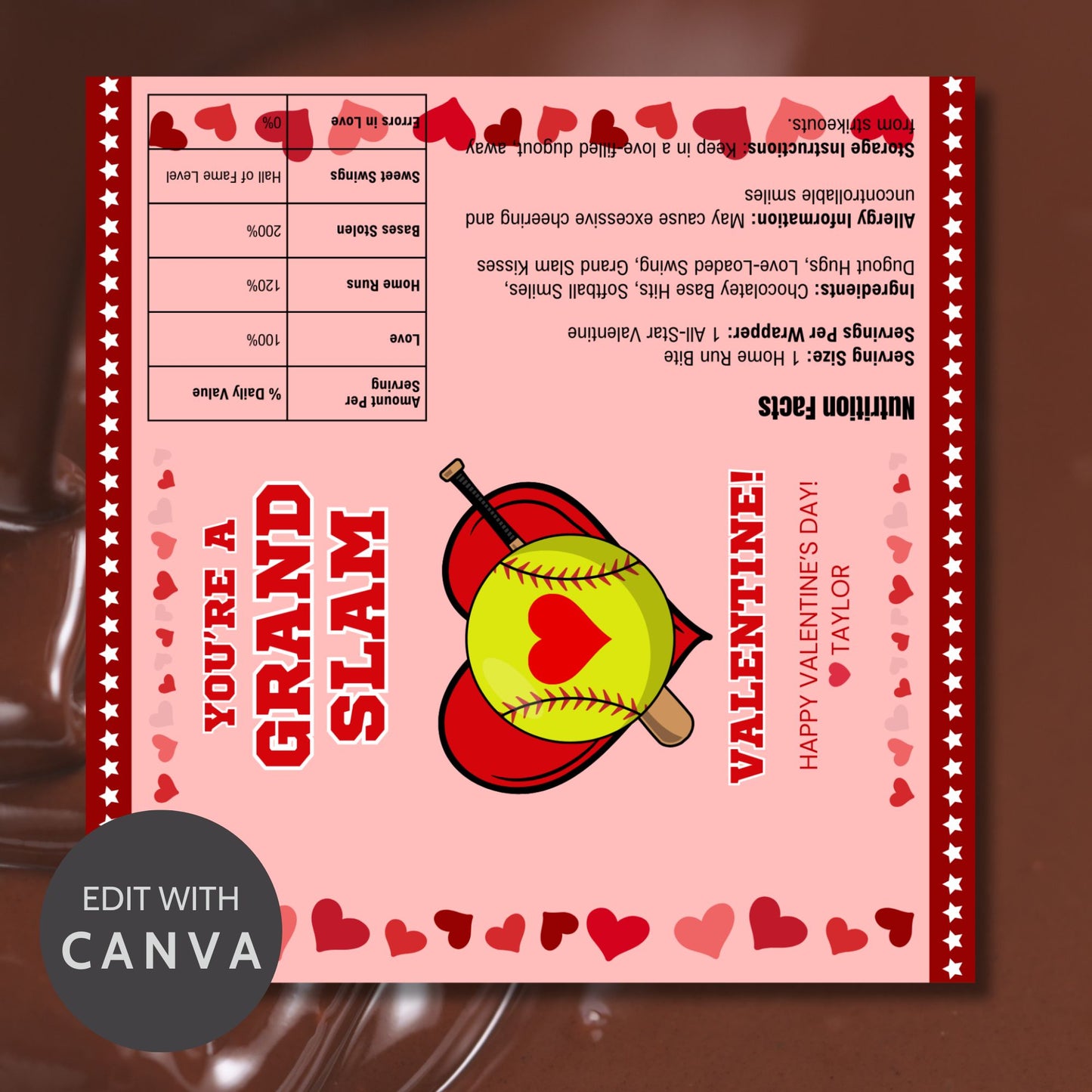 A softball-themed Valentineās Day chocolate bar wrapper featuring the phrase "You're a Grand Slam Valentine!" with a festive pink background, red hearts, a softball, and a bat. Perfect for teammates, coaches, and softball fans!