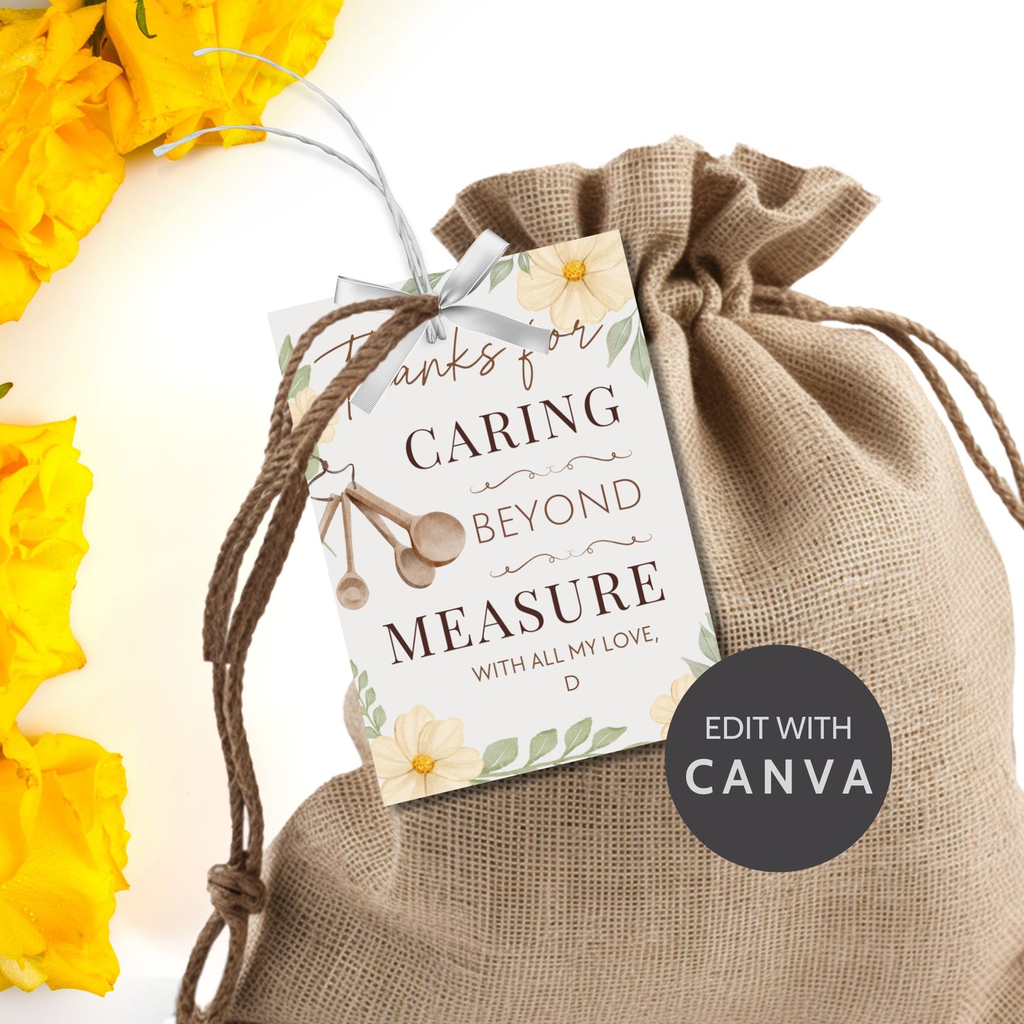Printable and editable “Thanks for Caring Beyond Measure” gift tag with kitchen theme – perfect for caregivers, nurses, and appreciation gifts.