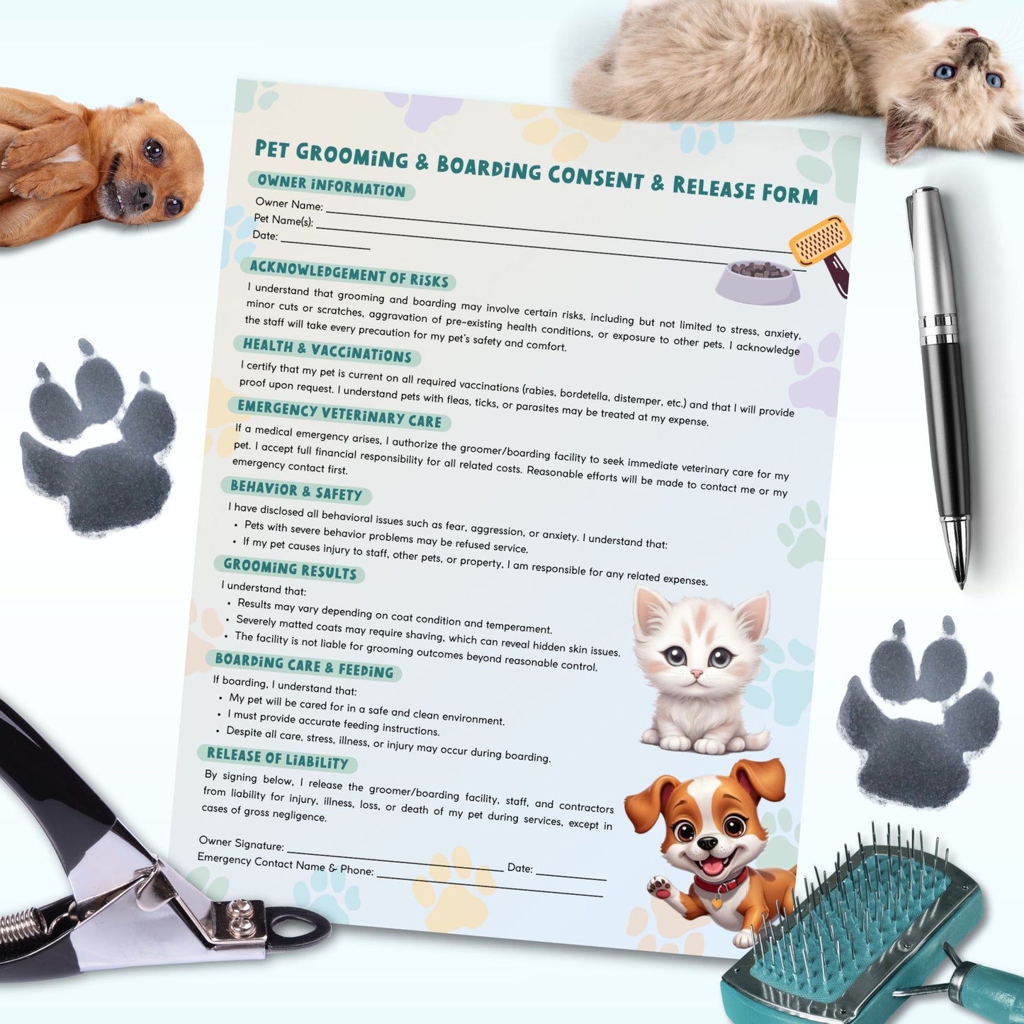 Pet grooming and boarding consent form with pet-related items on a white background
