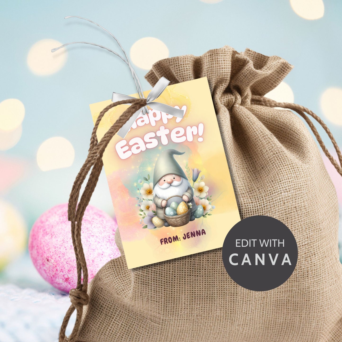 Colorful Easter gift tags with cute gnome designs, ready for personalization and printing, set against a vibrant pastel background.