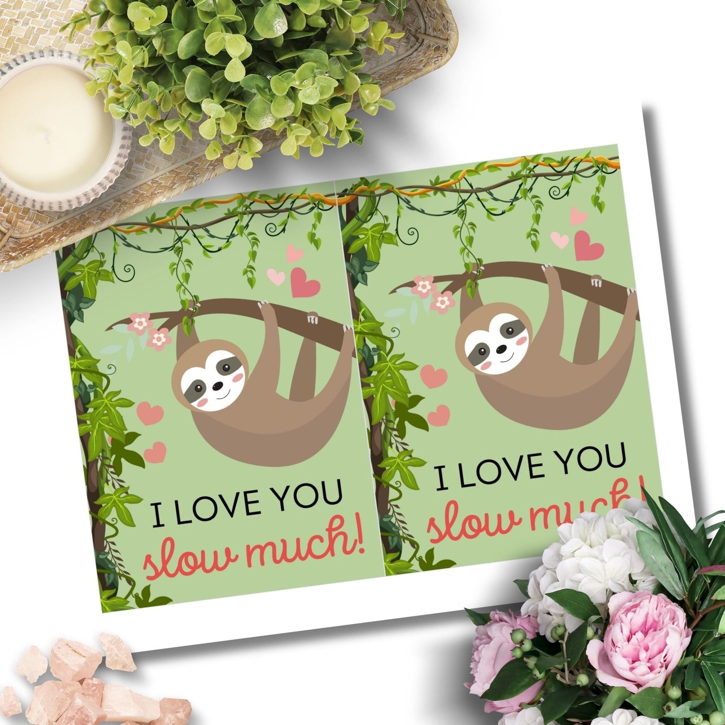 Printable Valentineās Day Greeting Card featuring the pun āI Love You Slow Much.ā Designed as a 5x7 PDF on an 8.5 x 11 sheet with two cards per page. A cute and funny Valentineās card for nature and sloth lovers.