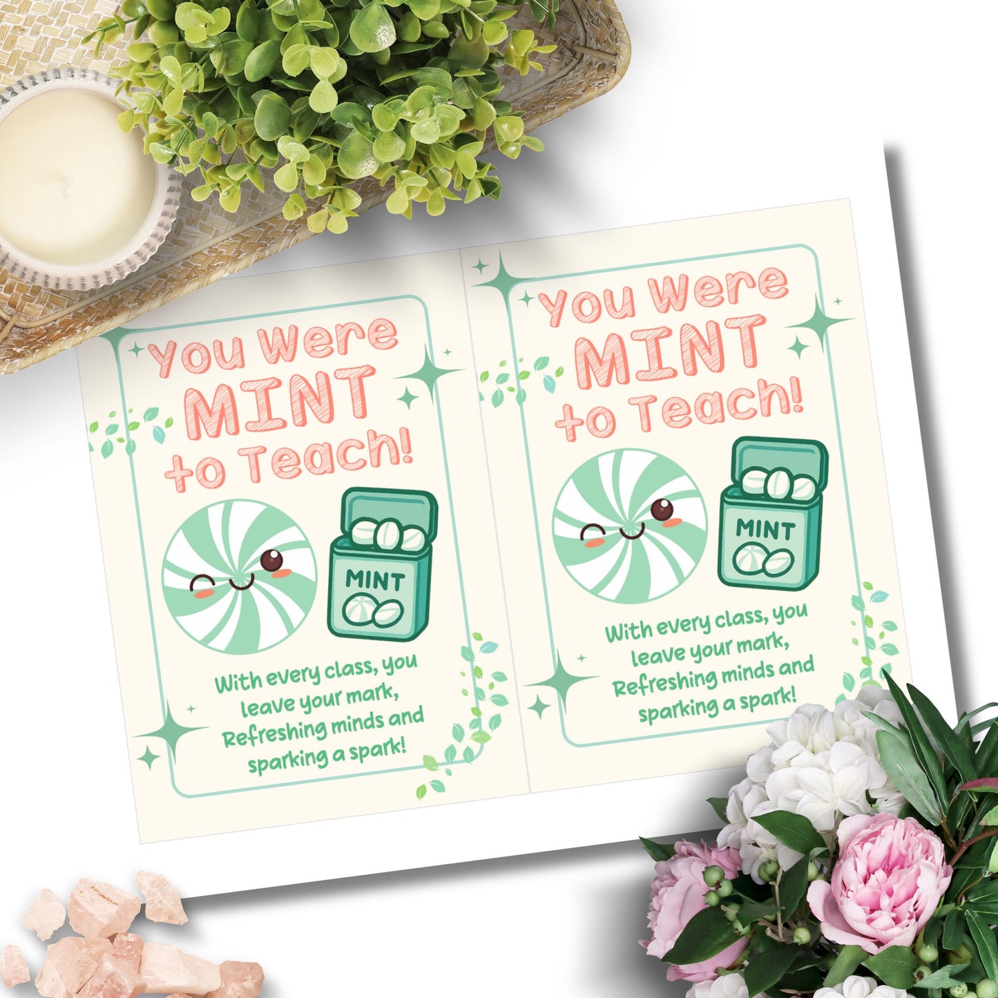 Printable teacher card with mint pun reading “You Were Mint to Teach” – 5x7 digital download for mint gift idea