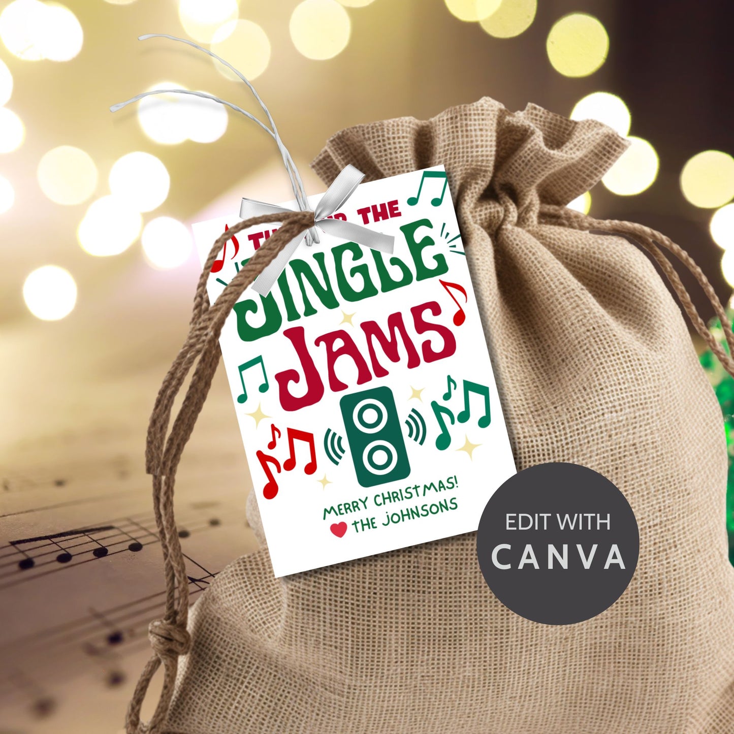 Christmas gift tags with the message "Turn Up the Jingle Jams," featuring musical notes and a speaker icon, perfect for gifts like Bluetooth speakers or Christmas party favors. These printable and editable tags add a fun and festive touch.
