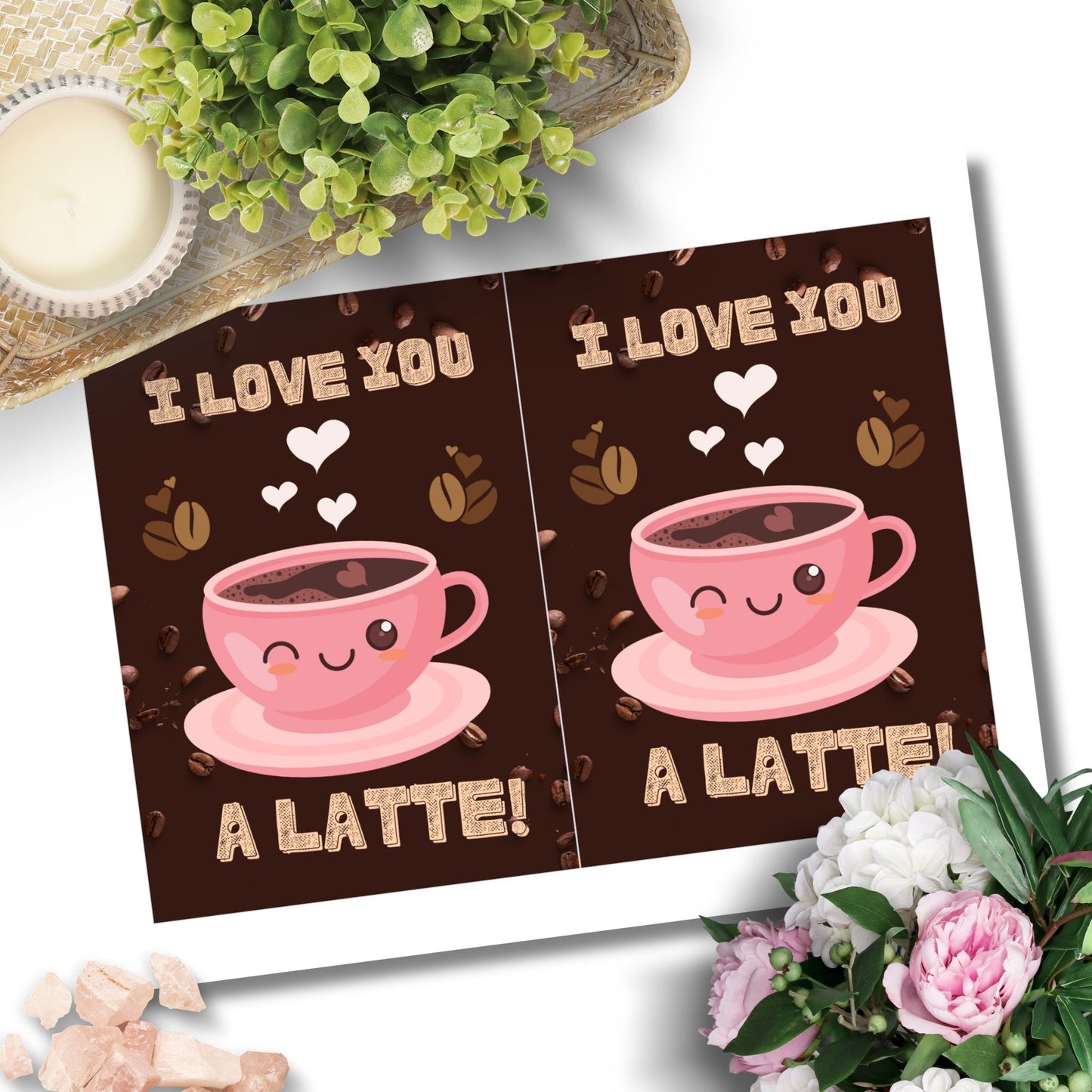 Printable Valentine’s Day Greeting Card featuring the phrase “I Love You a Latte” with a coffee theme. Designed as a 5x7 PDF on an 8.5 x 11 sheet with two cards per page. A warm and punny Valentine’s card for coffee lovers.