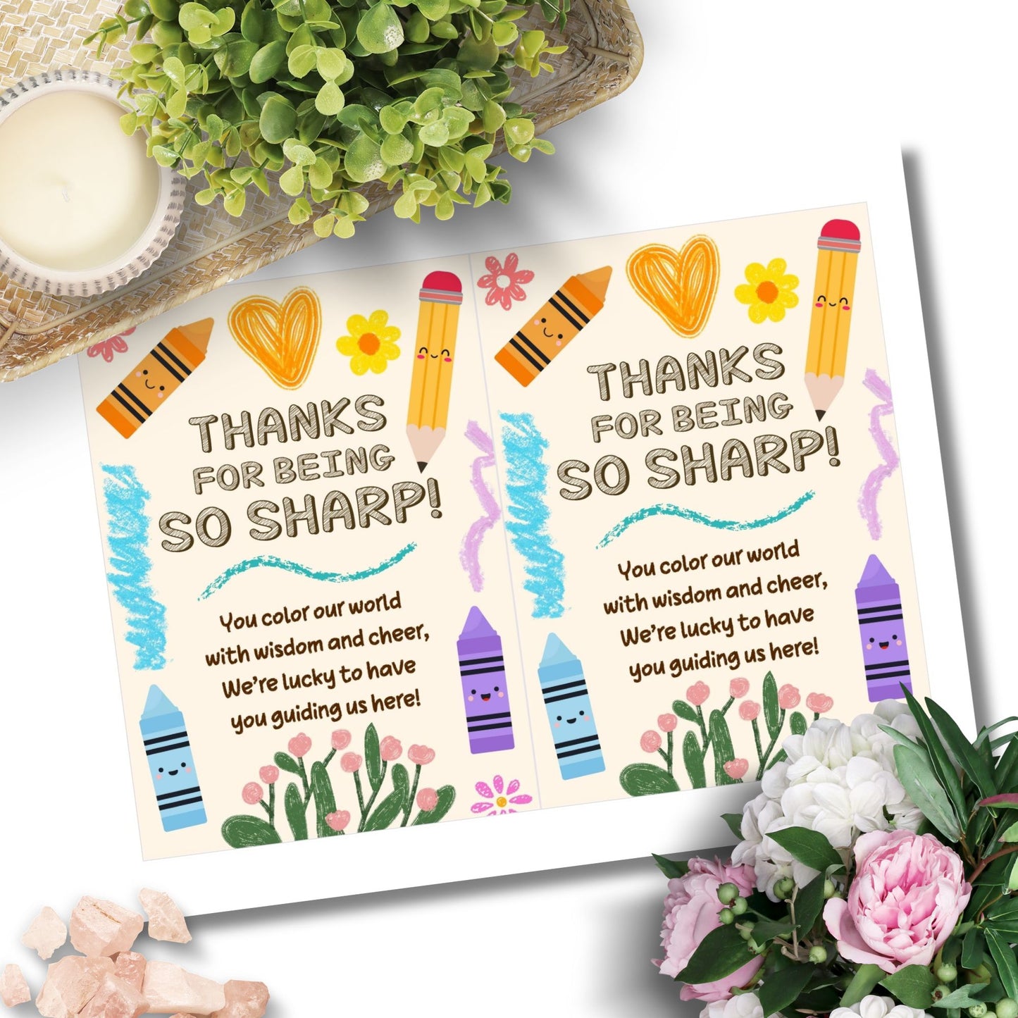Printable teacher card reading “Thanks for Being So Sharp” with crayon design – 5x7 digital download