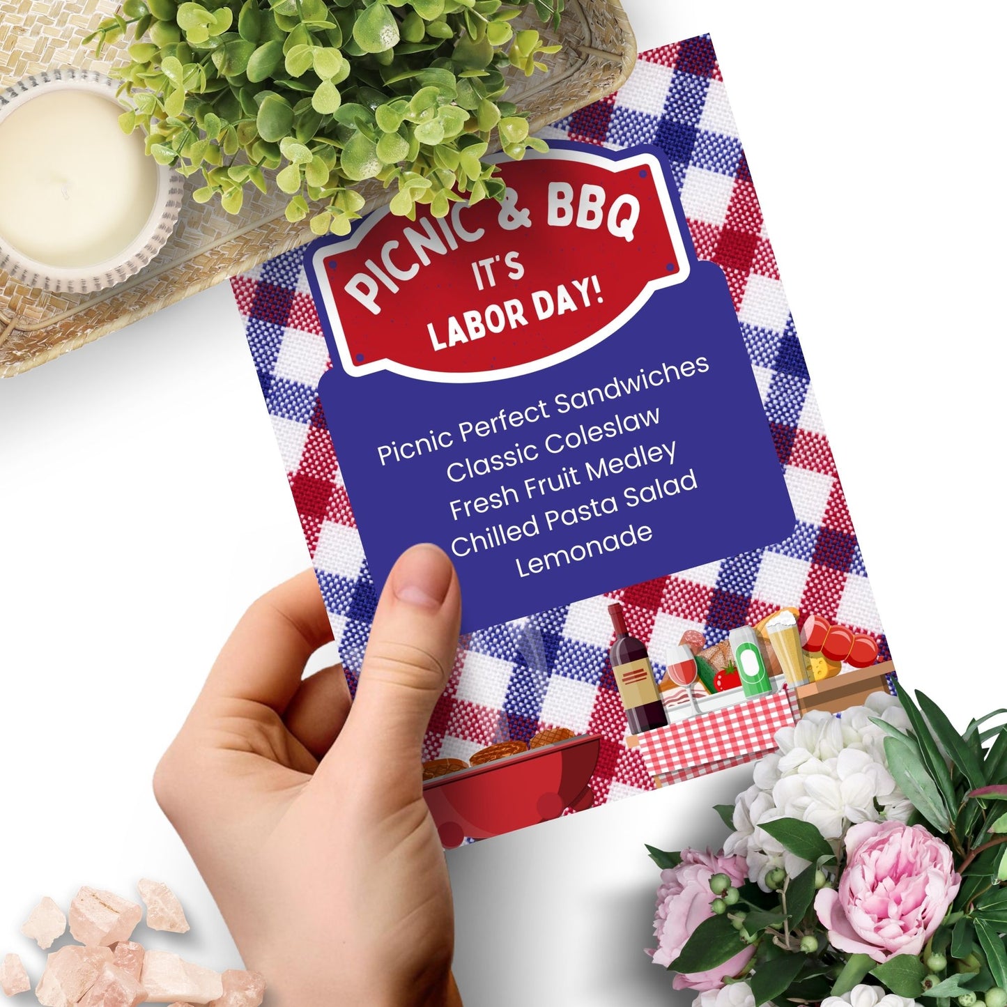Picnic-themed Labor Day menu with a red, white, and blue gingham background, featuring editable items like Picnic Perfect Sandwiches and Fresh Fruit Medley.