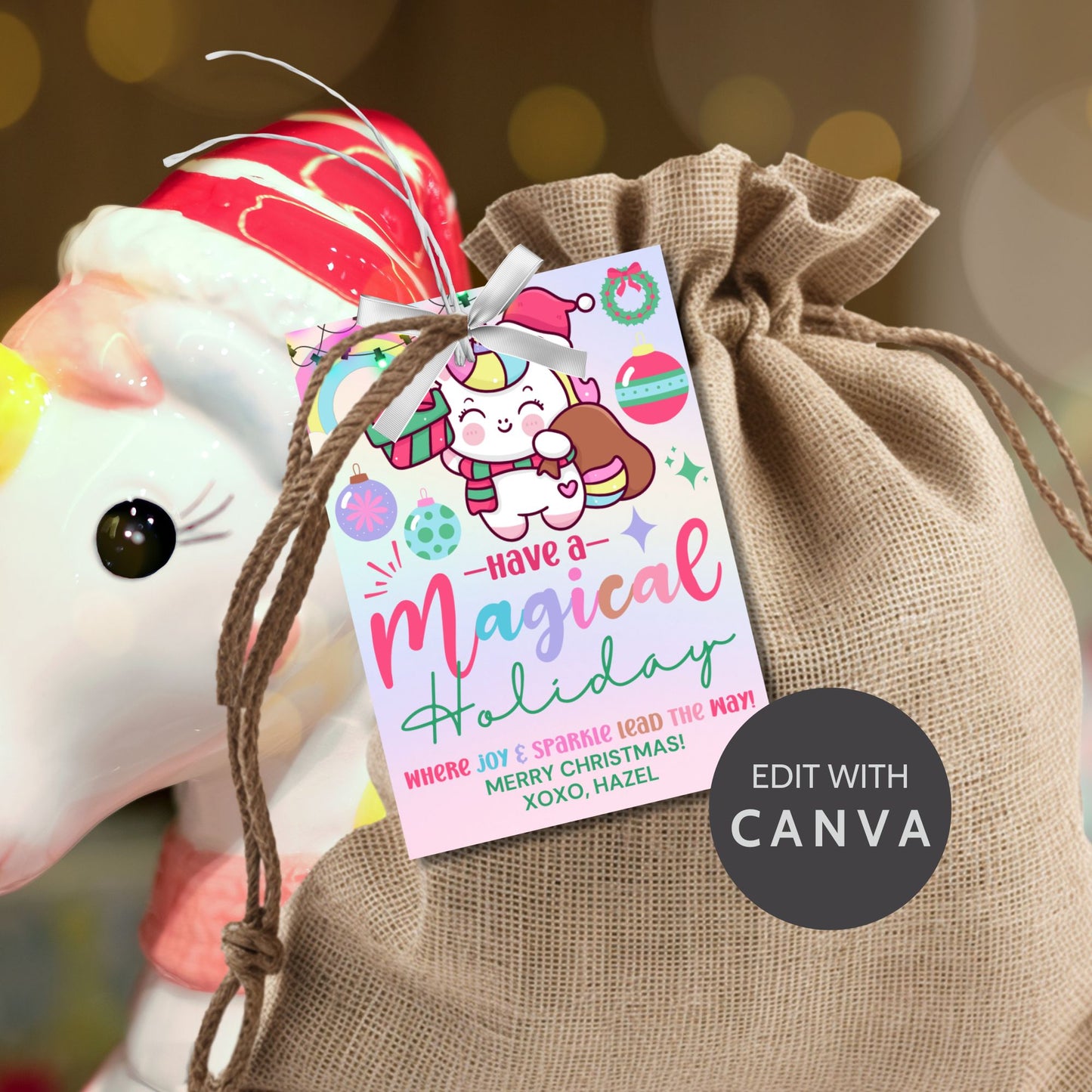Unicorn-themed holiday gift tags with a pastel design featuring a festive unicorn carrying a gift sack, surrounded by rainbows and ornaments. Text reads 'Have a Magical Holiday.' Perfect for adding sparkle to Christmas presents.
