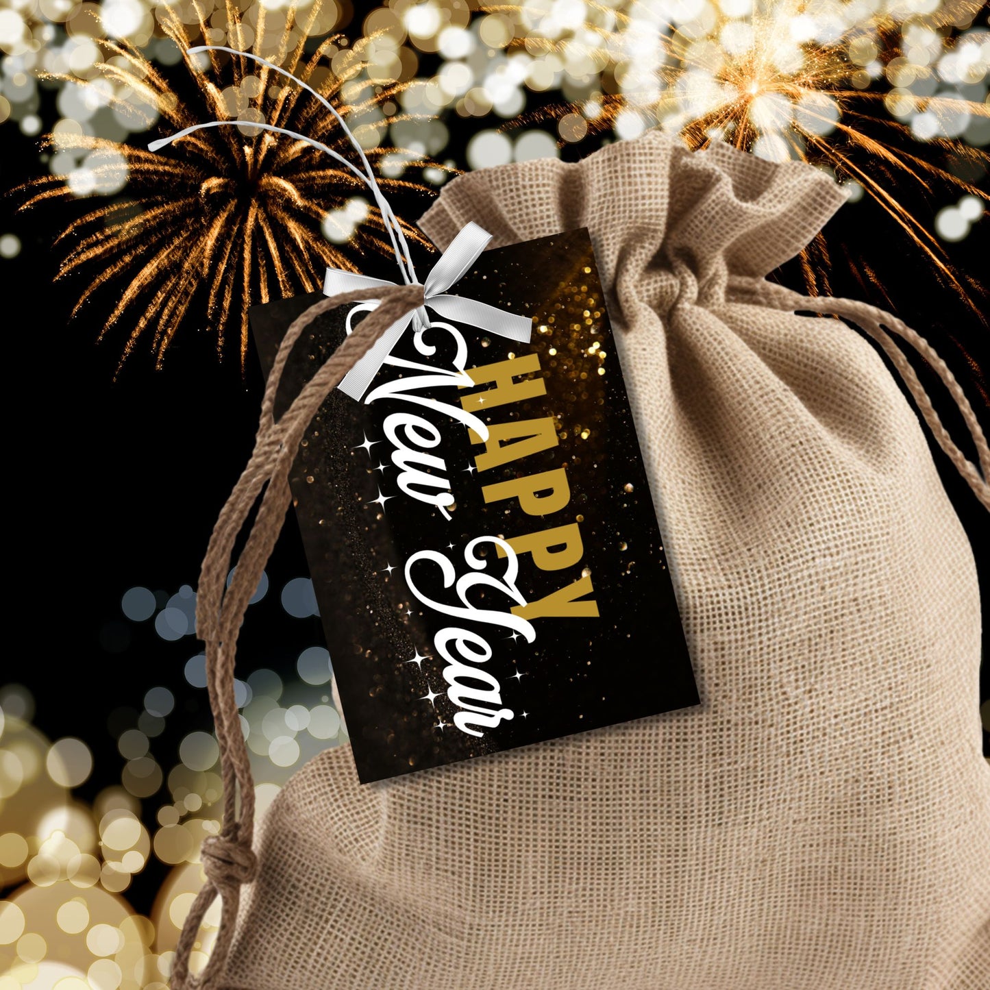 A set of ready-to-print New Year gift tags featuring bold gold and white lettering on a luxurious black background, adorned with sparkling gold effects. The "Happy New Year" message adds elegance and festivity to gift wrapping or event favors. Tags are 2.5 x 3.5 inches in size, perfect for classy celebrations.