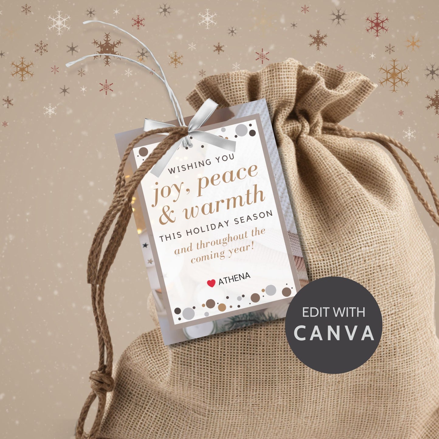 A set of eight printable and editable Christmas gift tags featuring a warm Beige Winter Delight palette with golden accents and a festive message. Perfect for elegant, minimalist gift wrapping. Each tag measures 2.5 x 3.5 inches, laid out on an 8.5 x 11-inch sheet.