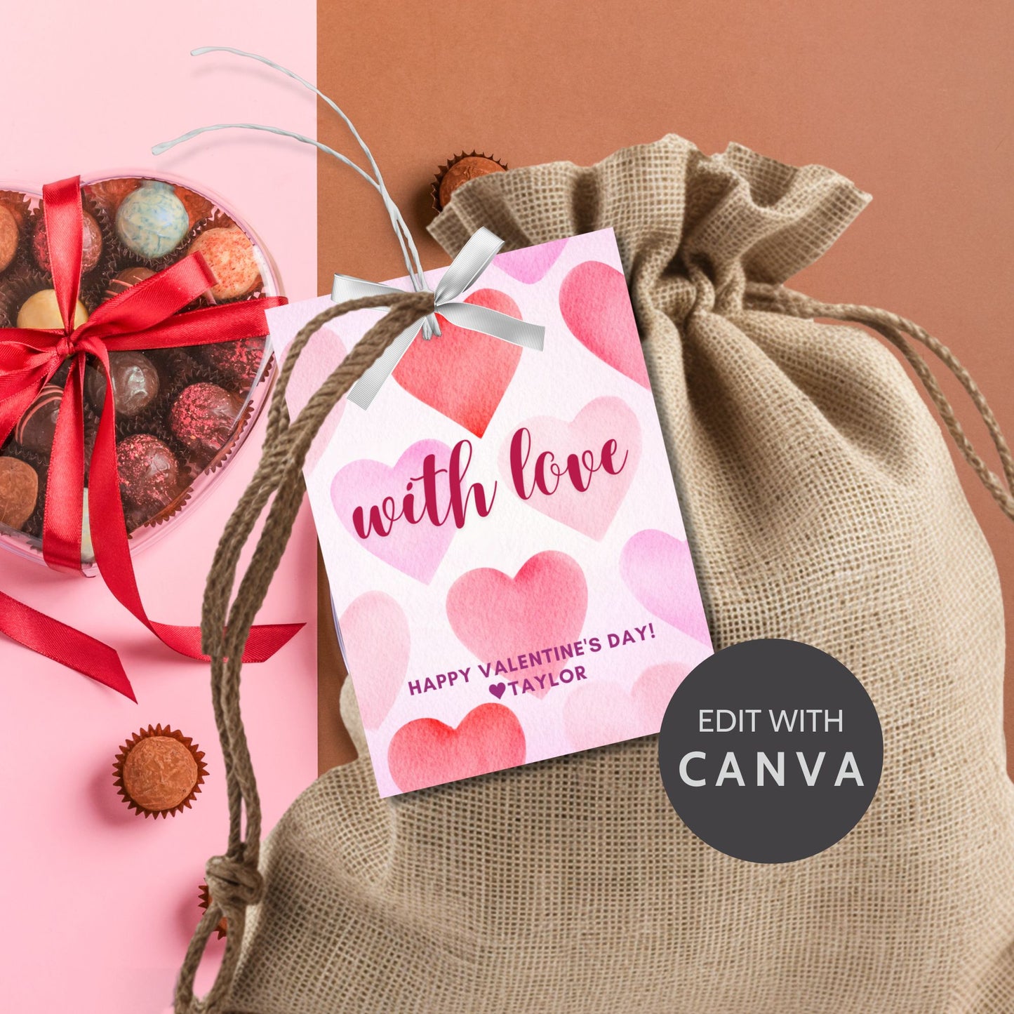Elegant printable and editable Valentine’s Day gift tags with watercolor heart designs and the message "With Love." Perfect for pairing with See’s Candies chocolates or any Valentine’s gift.