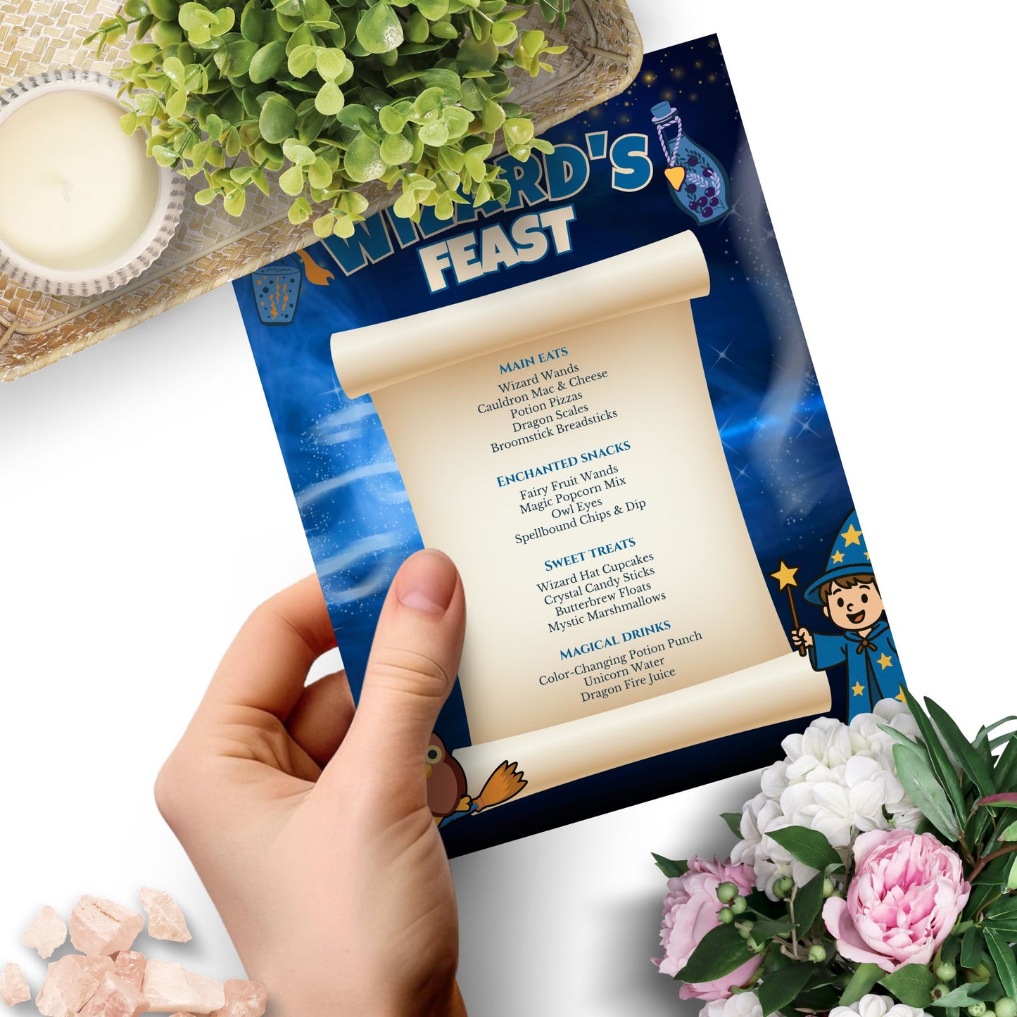 Editable Wizard Feast Party Menu with magical food names like Potion Pizzas, Owl Eyes, and Unicorn Water – 8.5x11 printable for fantasy-themed celebrations.