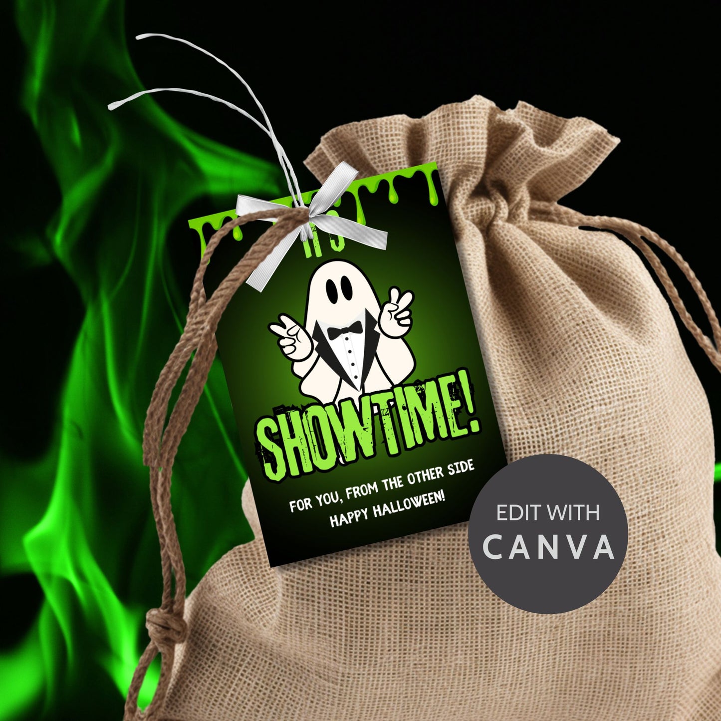 Halloween gift tag design inspired by Beetlejuice with the phrase "It's Showtime!" featuring a ghost in a tuxedo on a green dripping goo background. Sized at 2.5 x 3.5 inches, these tags are laid out 8 per sheet, perfect for dressing up Halloween treats.