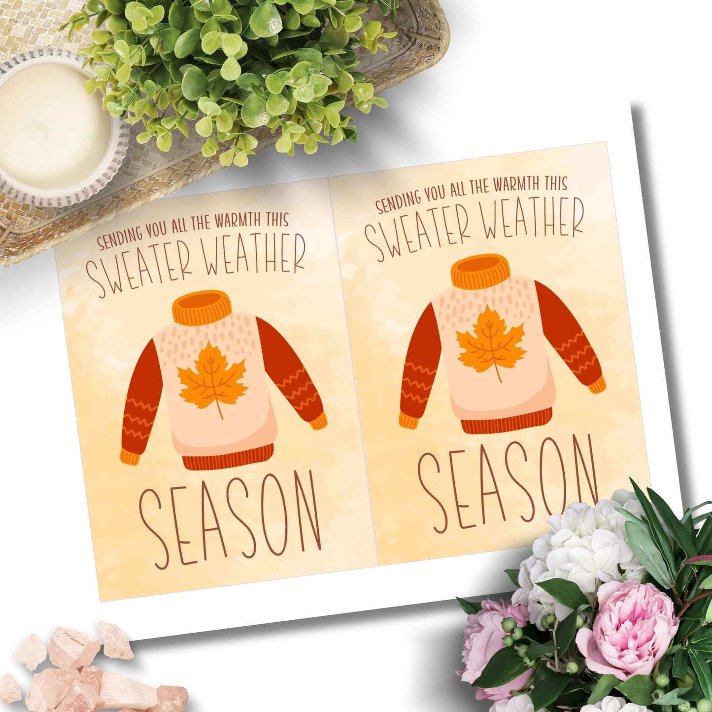 Printable Fall Greeting Card featuring a cozy sweater design with the message 'Sending You All the Warmth This Sweater Weather Season,' set on a warm autumn background.