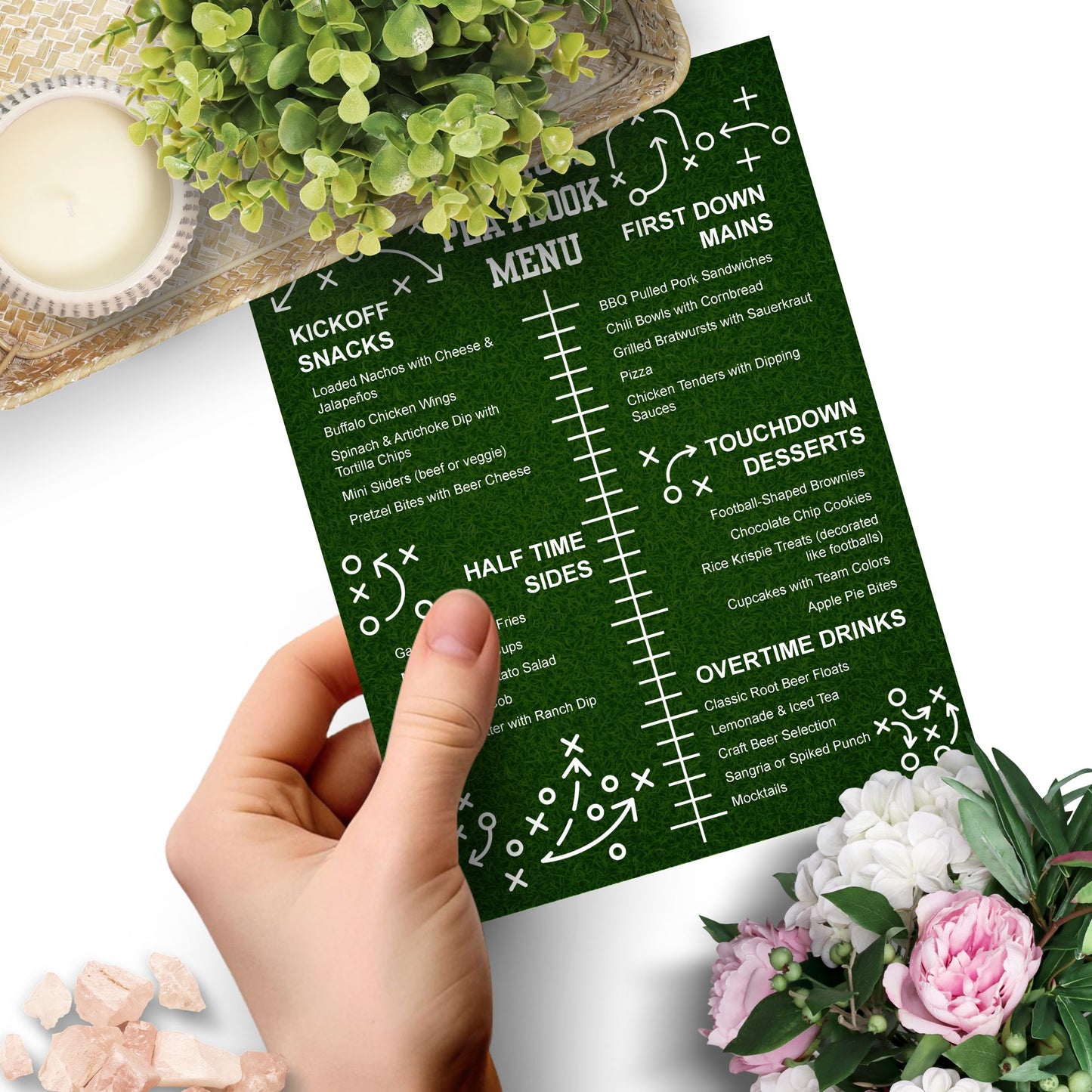 Editable Stadium Playbook Menu Template with game day sections like Kickoff Snacks, First Down Mains, and Touchdown Desserts; perfect for NFL parties, tailgates, and Super Bowl menus.