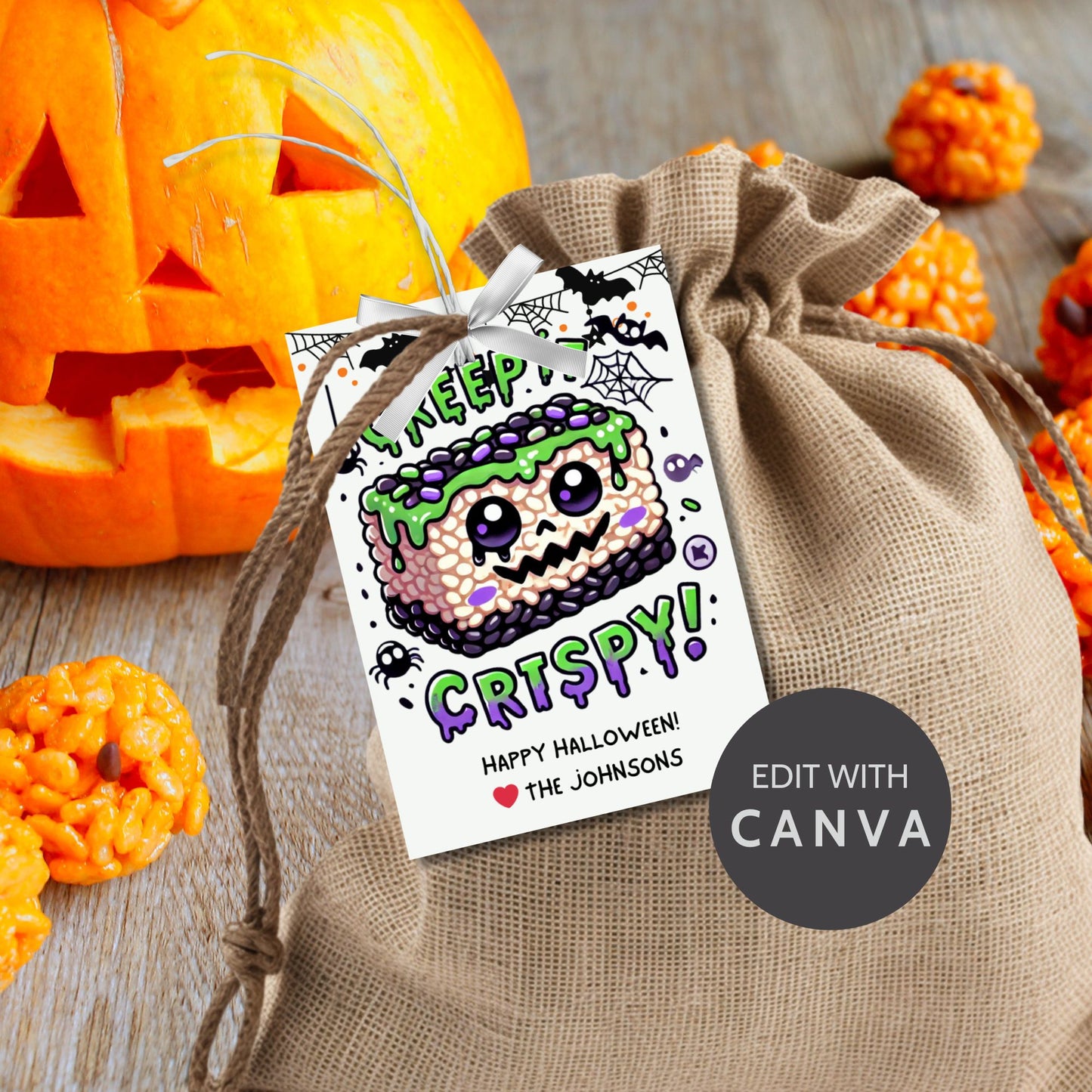 Halloween-themed printable gift tags featuring a spooky rice krispie treat with green frosting and purple sprinkles. The tag reads "Creep It Crispy!" Perfect for Halloween treats, sized 2.5 x 3.5 inches, laid out 8 per sheet. Includes a printable PDF and a link to an editable Canva template.