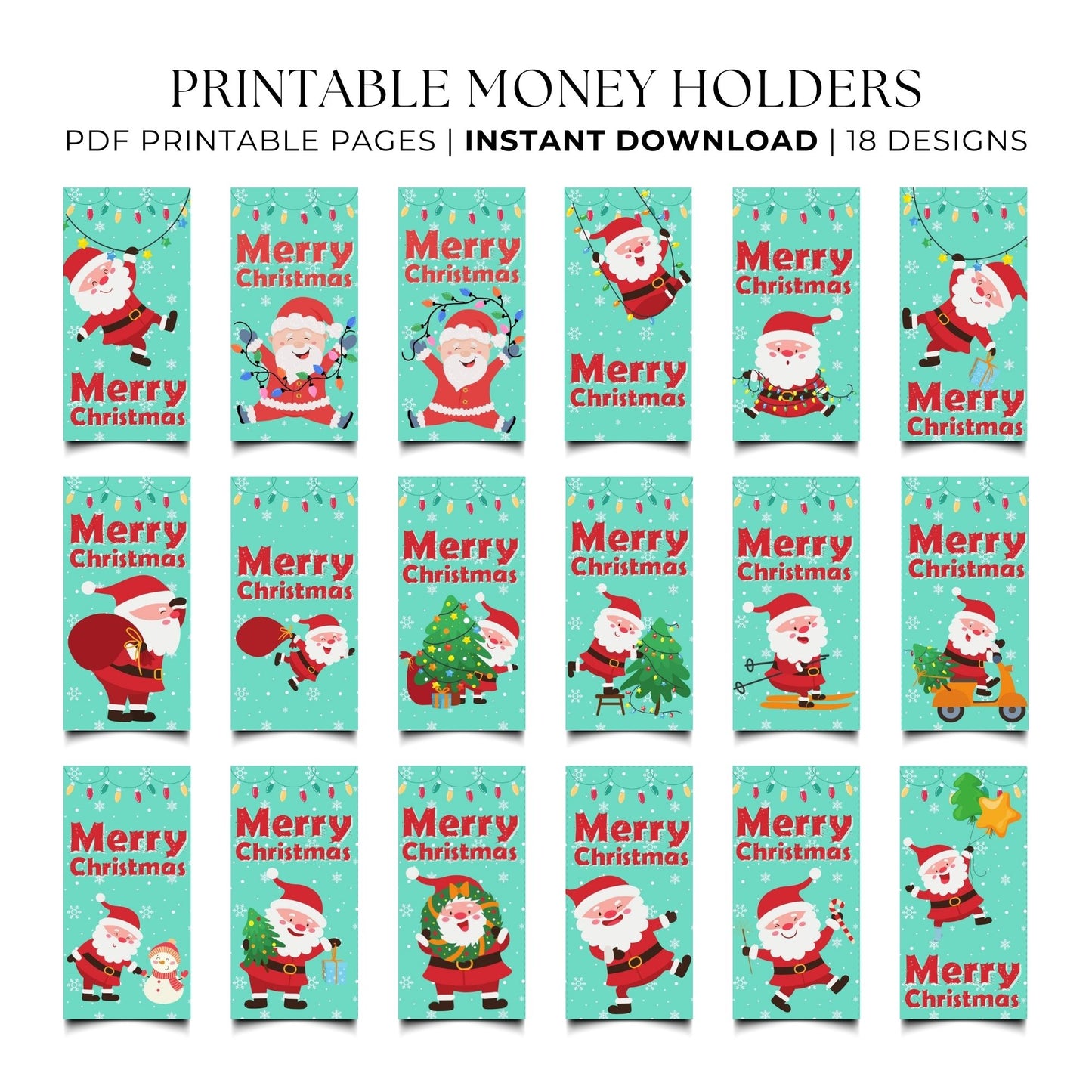 Set of printable money holders with Santa Claus designs on a white background