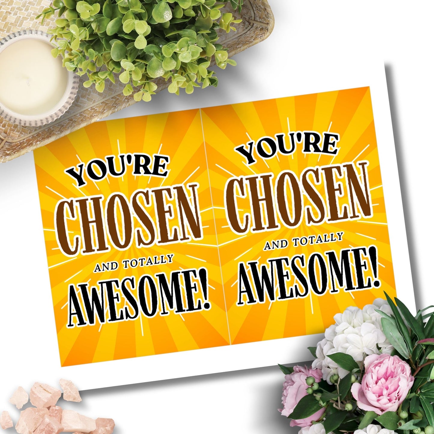 A Christian-themed printable Valentine’s Day card featuring the uplifting message “You’re Chosen and Totally Awesome.” Available as a 5x7 PDF and an 8.5 x 11 sheet (2 per page). Perfect for church groups, Christian encouragement, and faith-based Valentine’s gifting.
