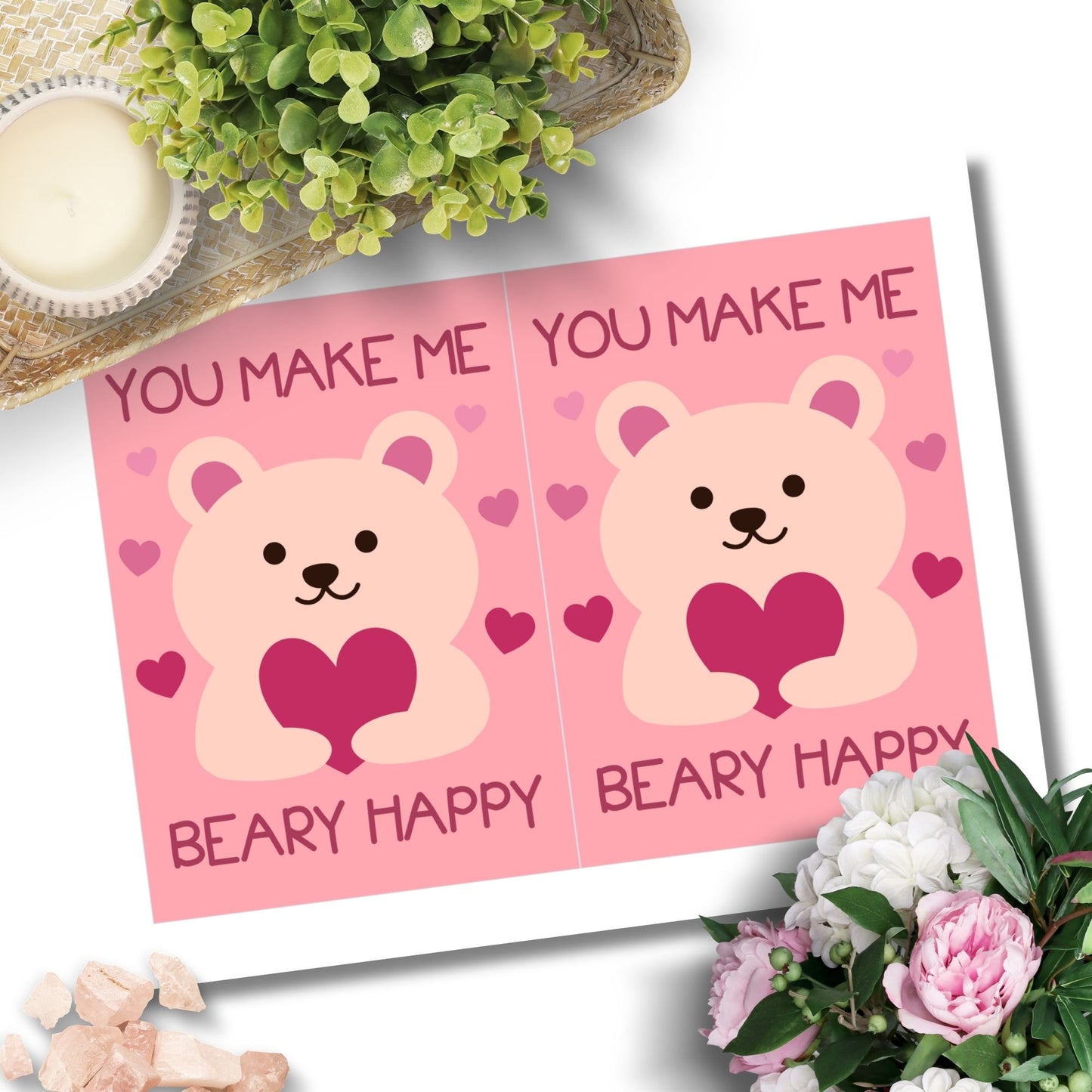 Printable Valentineās Day Greeting Card featuring the pun āYou Make Me Beary Happy.ā Designed as a 5x7 PDF on an 8.5 x 11 sheet with two cards per page. A cute and heartfelt Valentineās card for loved ones.