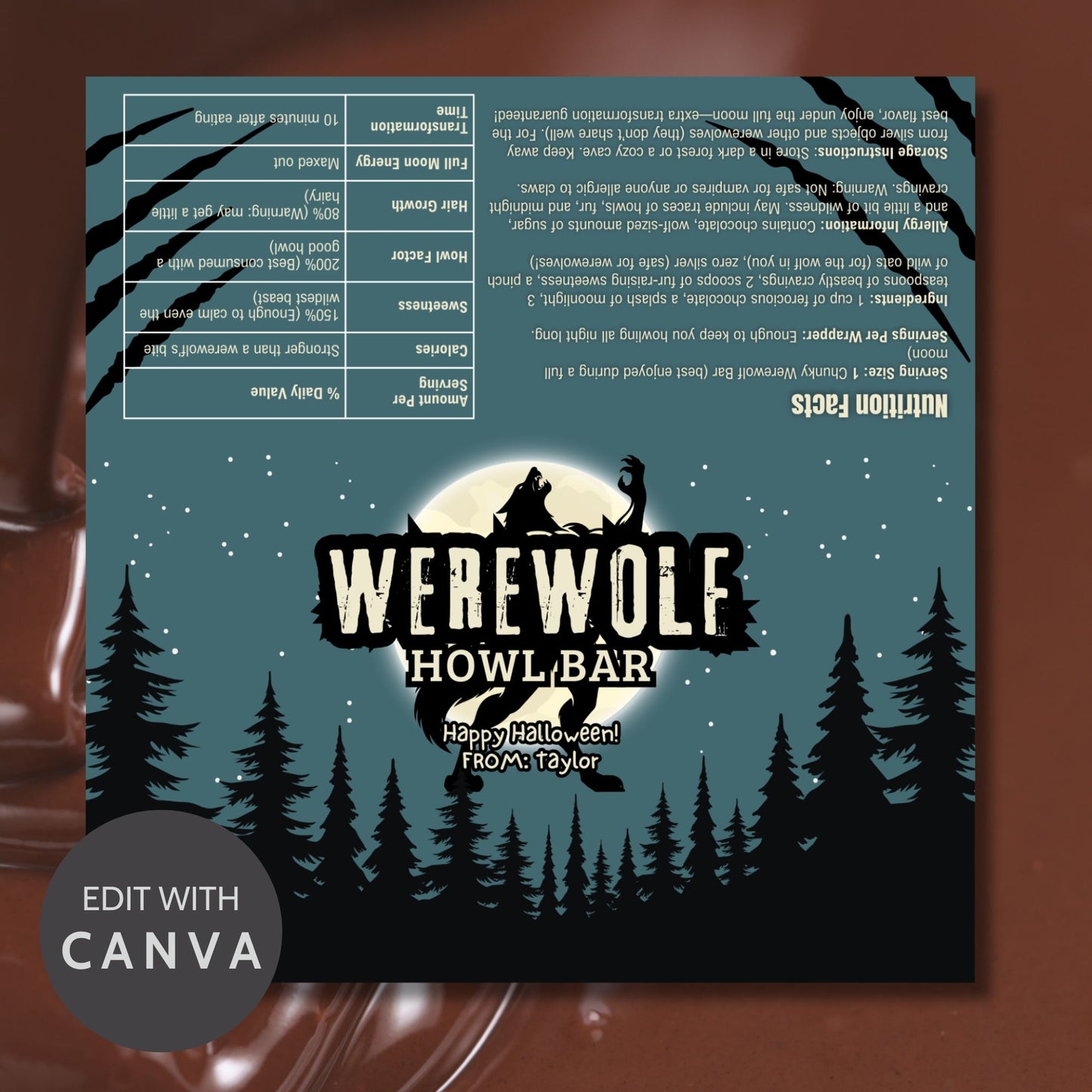 Printable and editable werewolf-themed Halloween chocolate bar wrapper featuring a full moon and howling werewolf, perfect for spooky treats and Halloween parties.