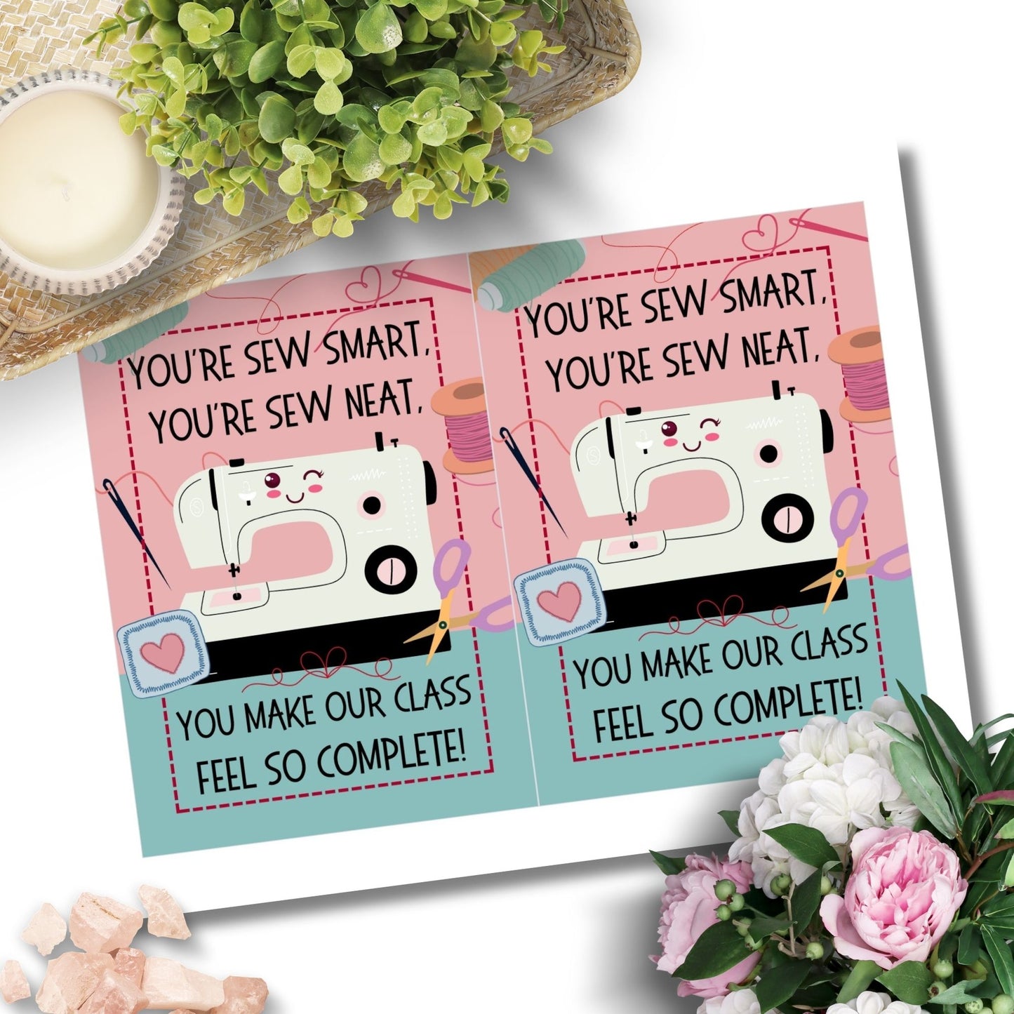 A printable sewing-themed Valentine's Day greeting card with the message "You're Sew Smart, You're Sew Neat." Perfect for sewing teachers, quilters, or crafters. Instant download, 5x7 inches.