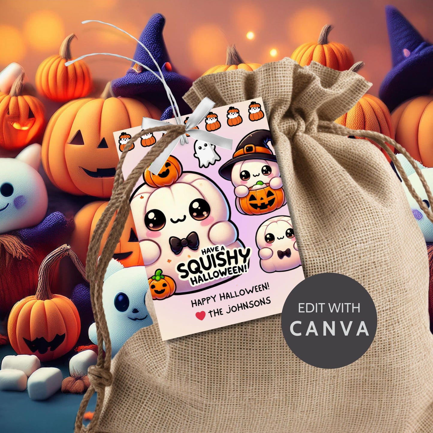 Adorable Halloween-themed printable gift tags featuring cute Squishmallow-style pumpkins and ghosts. The tag reads "Have a Squishy Halloween!" Perfect for Halloween treats, sized 2.5 x 3.5 inches, laid out 8 per sheet. Includes a printable PDF and a link to an editable Canva template.