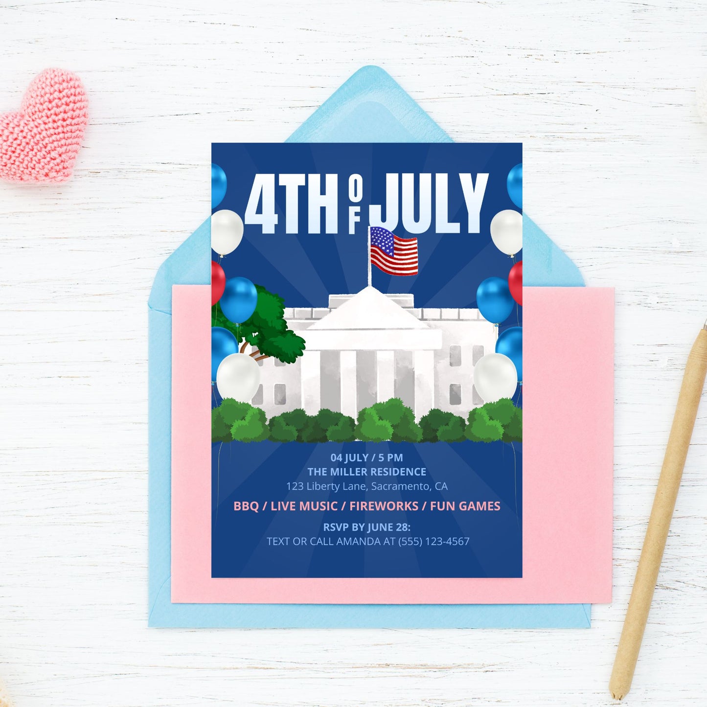 Editable 4th of July invitation featuring the White House, American flag, and red, white, and blue balloons. Great for patriotic cookouts and family celebrations.