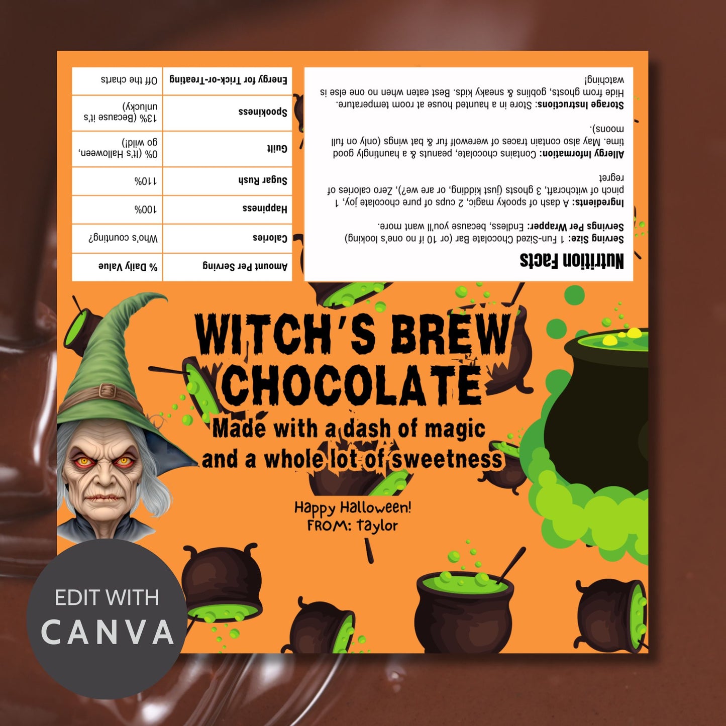 Printable and editable Halloween chocolate bar wrappers with witch and cauldron design, perfect for Halloween parties and trick-or-treat.