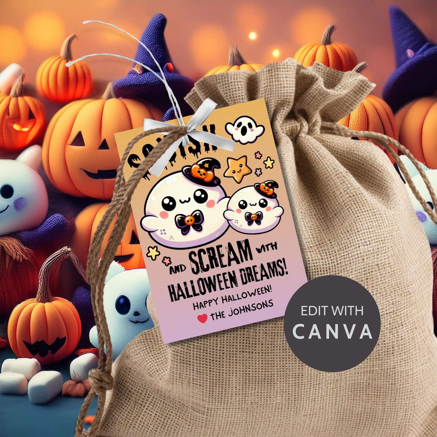 Adorable Halloween gift tags featuring squishy ghost characters with witch hats, designed for Squishmallow gifts. The tag reads "Squish and Scream with Halloween Dreams!" and is ideal for adding a fun and festive touch to your Halloween presents. Each tag is 2.5 x 3.5 inches and comes with a printable PDF and an editable template.