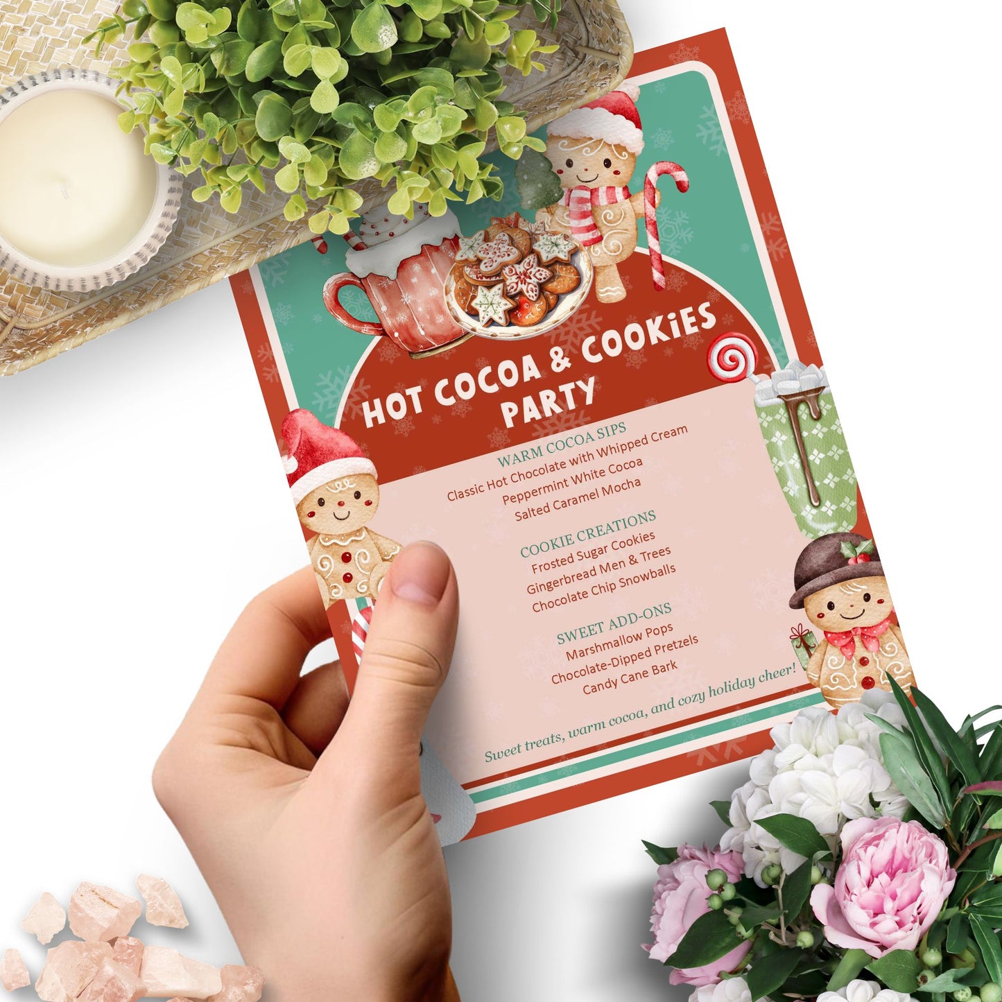 Hot Cocoa & Cookies Party Editable Menu Template featuring cocoa mugs, cookies, and festive red-and-white holiday accents on printable 8.5x11 Word layout.