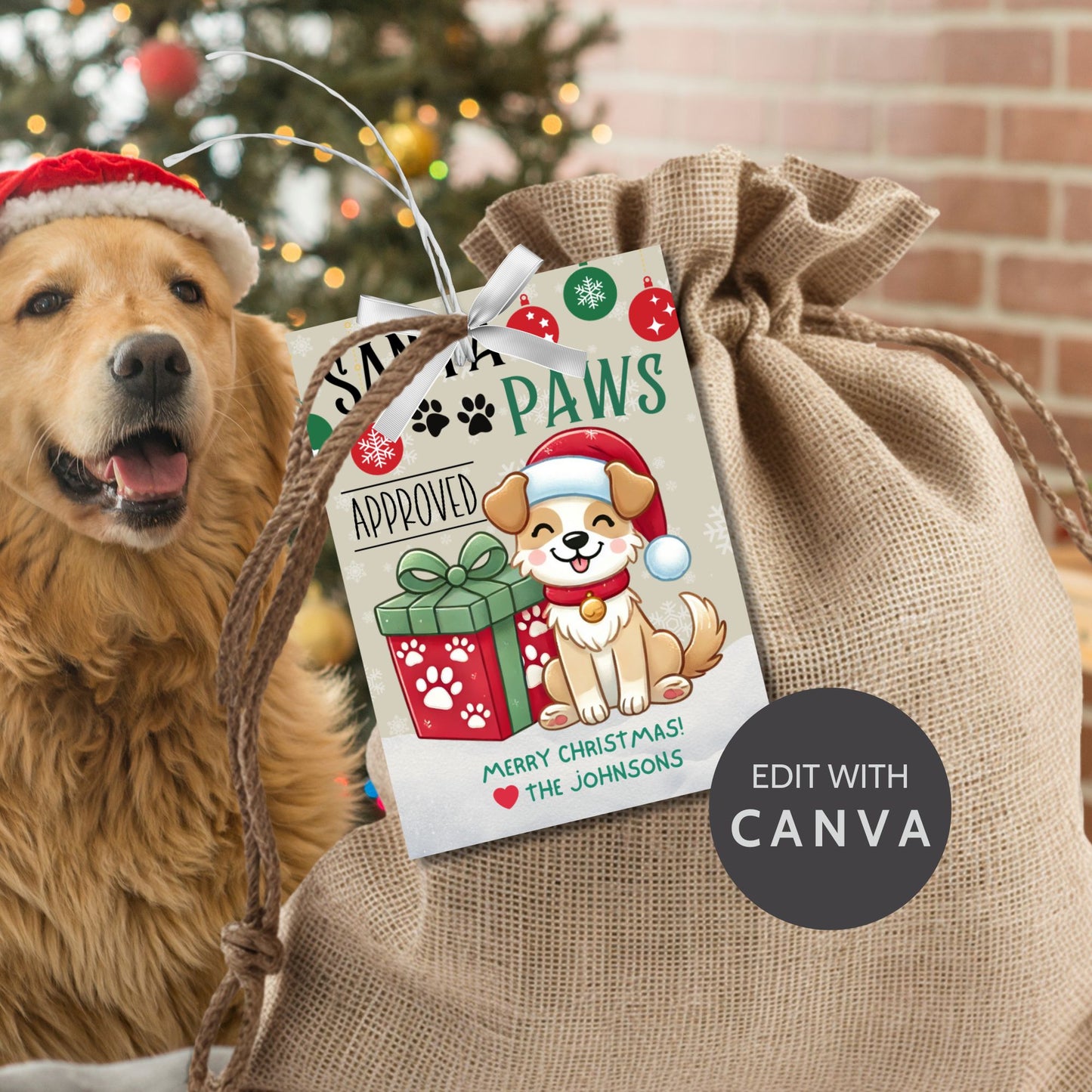 Christmas gift tags featuring an adorable puppy in a Santa hat, festive ornaments, and the message "Santa Paws Approved." These printable and editable tags are perfect for pet lovers and add a playful touch to holiday gifts.