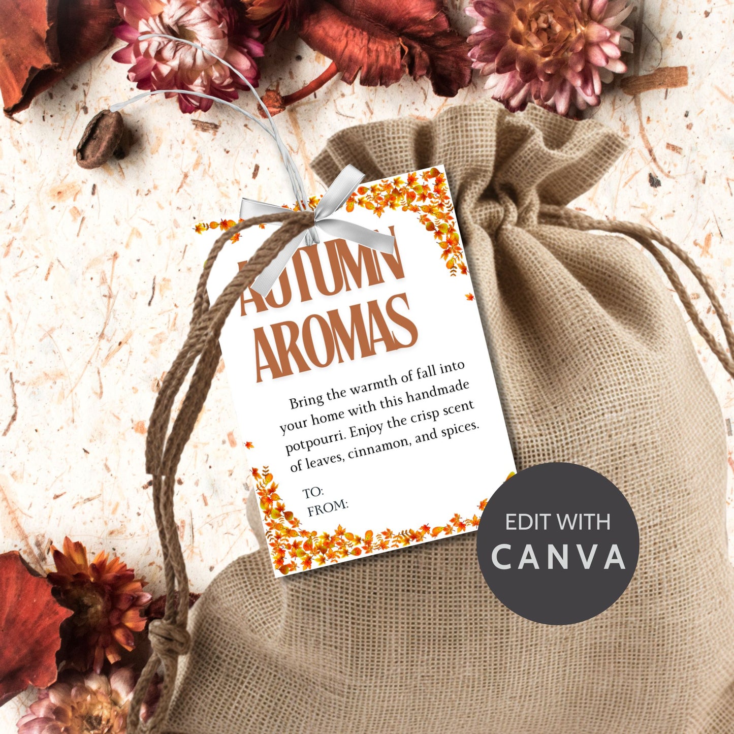 Printable 'Autumn Aromas' fall gift tags with a festive leaf border, perfect for seasonal gifting, potpourri, and Thanksgiving presents. Includes customizable To/From sections for a personalized touch.