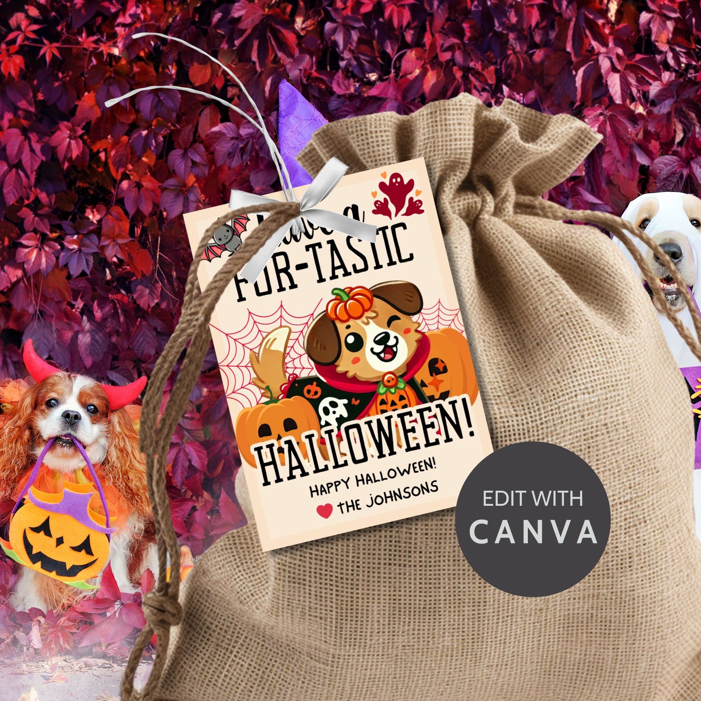 Printable dog-themed Halloween gift tags with the message "Have a Fur-Tastic Halloween!" featuring a cute dog in a pumpkin costume, bats, and pumpkins. The tags are 2.5 x 3.5 inches, laid out 8 per sheet on an 8.5 x 11-inch page. Includes a printable PDF and a link to an editable Canva template.