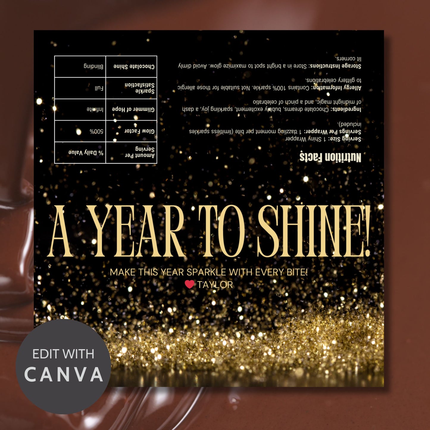 A chic and elegant New Year chocolate bar wrapper with modern, customizable designs, perfect for enhancing your New Year party favors or gifts.