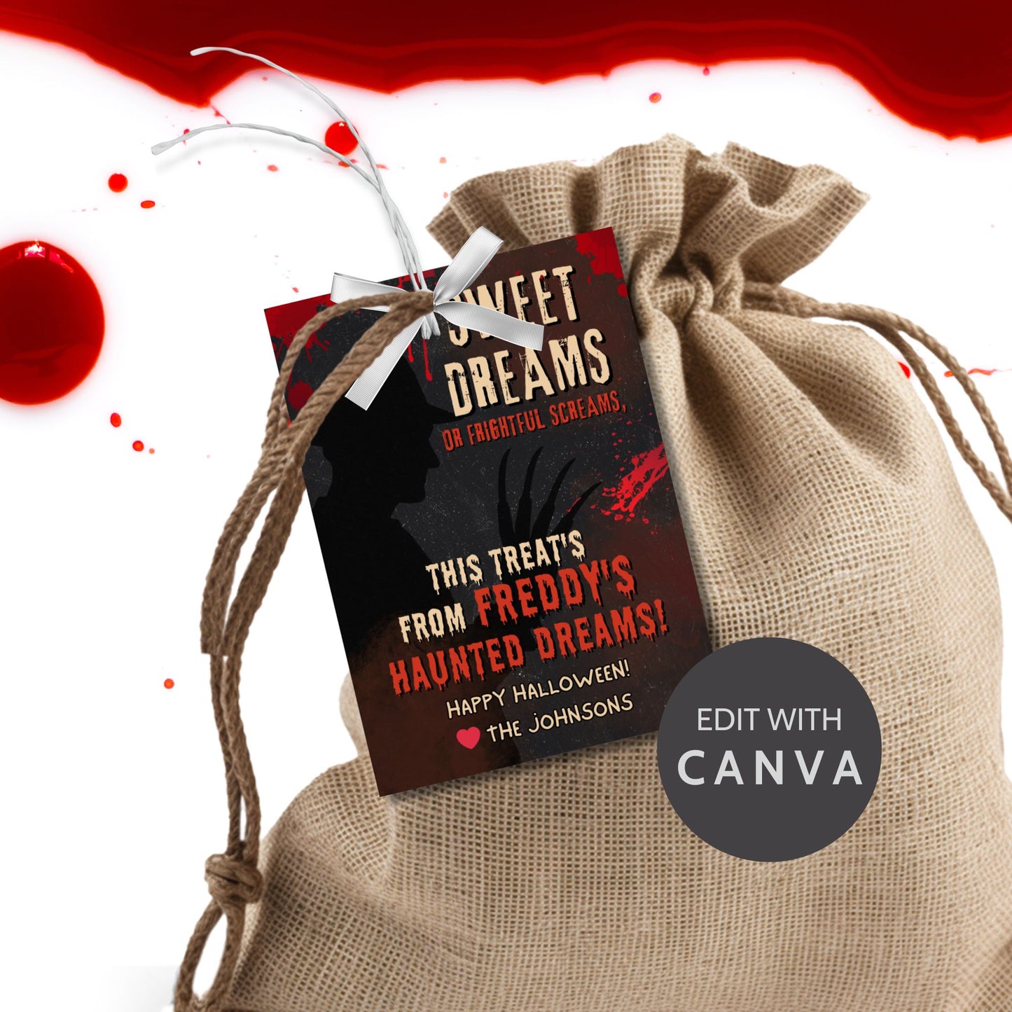 Halloween-themed gift tag on a brown drawstring bag with red blood splatter effects.