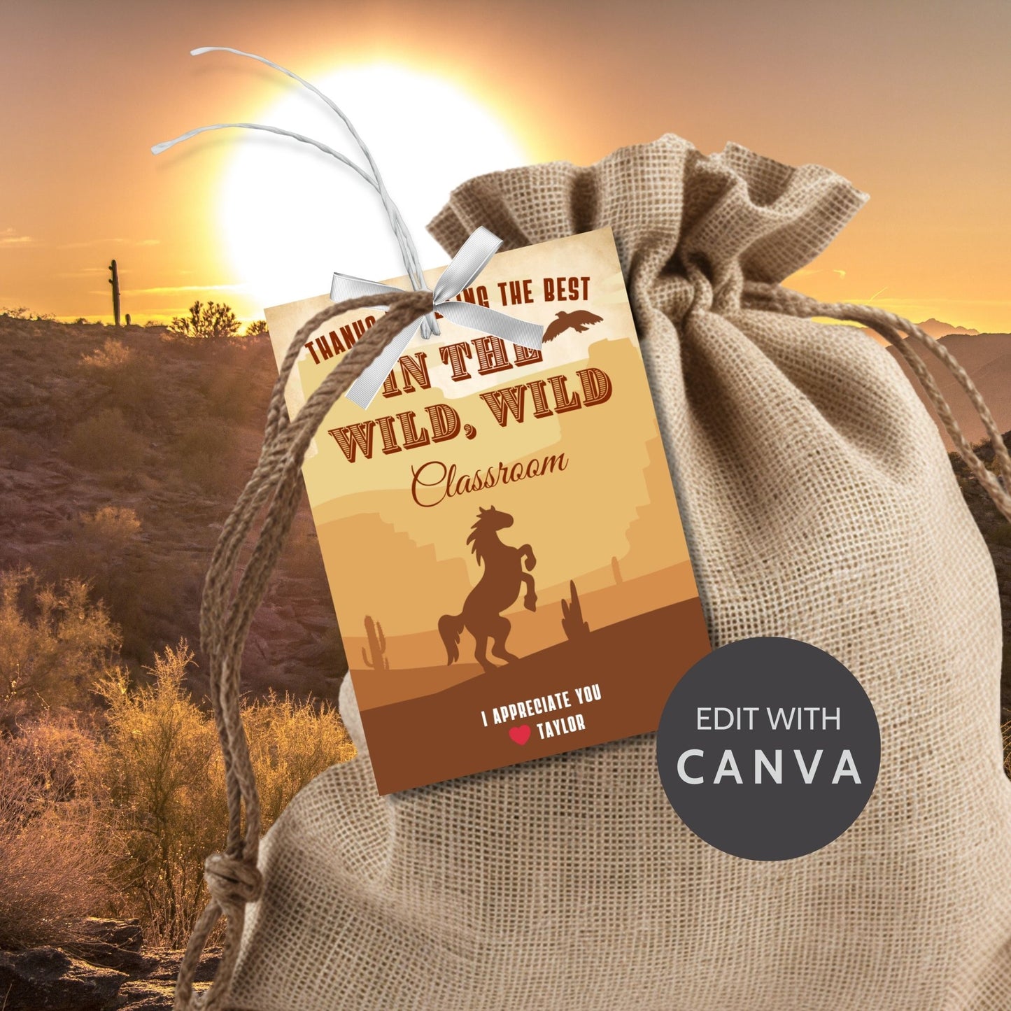 Western-themed teacher appreciation gift tags, sized 2.5 x 3.5 inches, with cowboy hat, boots, and lasso designs, laid out 8 per sheet on an 8.5 x 11-inch printable page. Includes editable Canva template for personalization.
