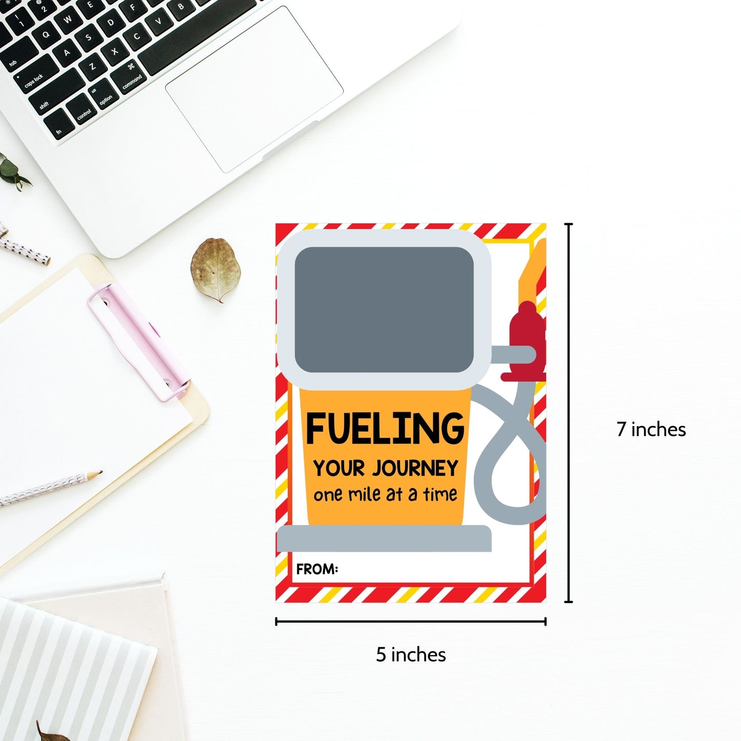 Printable gas station gift card holders for students and anyone, 5x7 inches, laid out on an 8.5 x 11 inch sheet, with a dynamic "Fueling Your Journey One Mile at a Time" message.