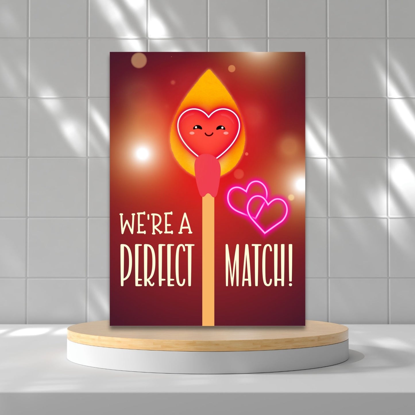 Printable Valentineās Day Greeting Card featuring the phrase āWe're a Perfect Match.ā Designed as a 5x7 PDF on an 8.5 x 11 sheet with two cards per page. A romantic and heartfelt Valentineās card for couples and loved ones.