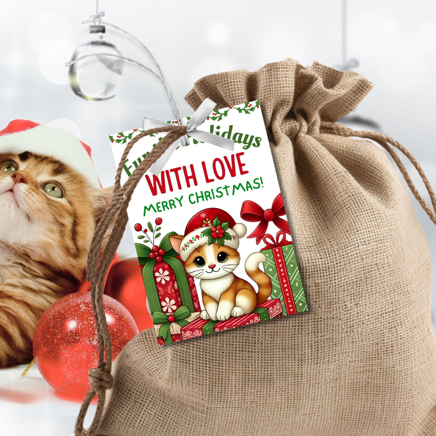 Christmas gift tags featuring a cute kitten in a Santa hat with festive gifts and holly, paired with the message "Fur the Holidays with Love." These printable and editable tags are perfect for adding a warm touch to gifts for cat lovers.