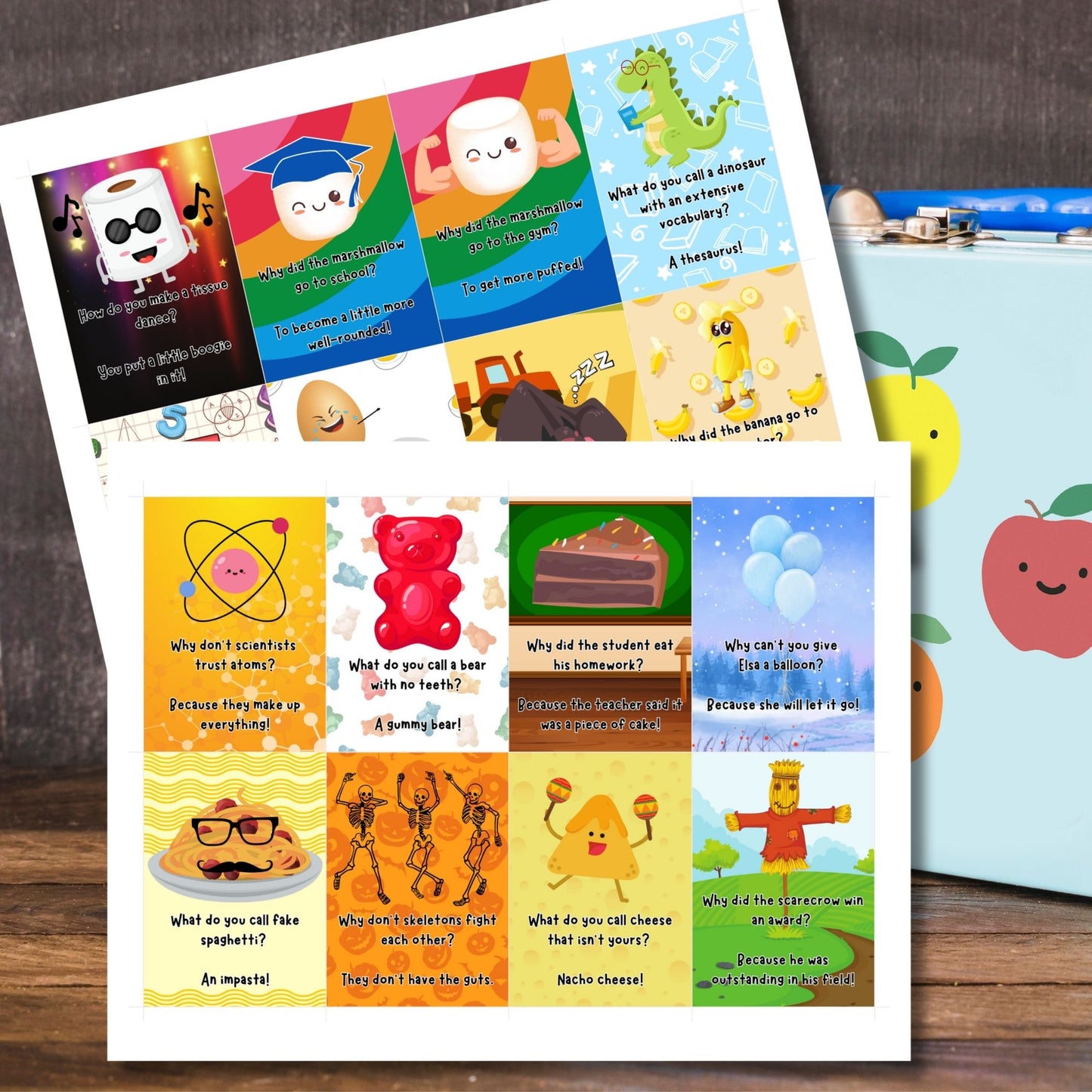 A collection of 16 colorful and funny printable lunch box notes with jokes, perfect for adding humor to a child's lunchtime.