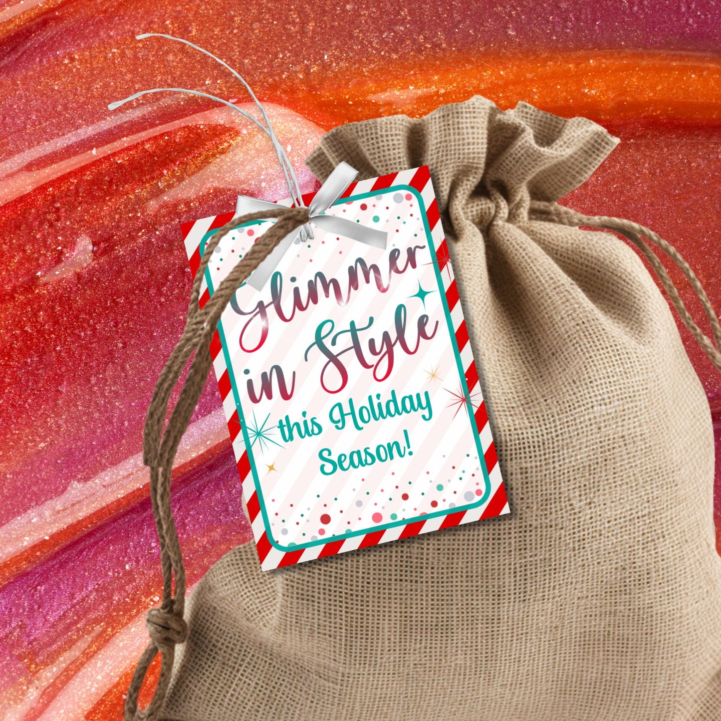 Festive "Glimmer in Style this Holiday Season" gift tags with a candy cane border, ideal for makeup gifts like lip gloss, lipstick, or eyeshadow. Includes printable PDF and editable Canva template.