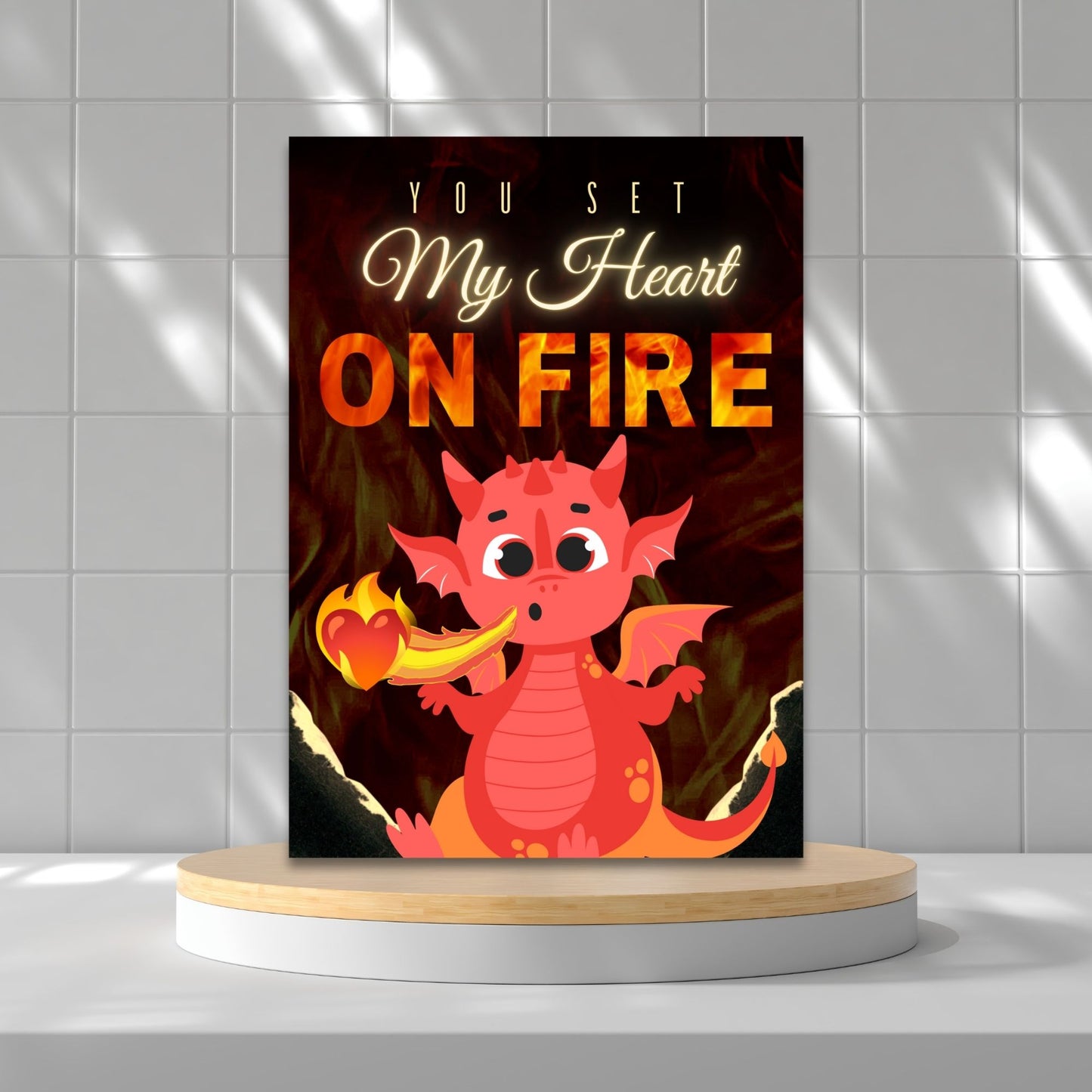 Printable Valentine’s Day Greeting Card featuring the phrase “You Set My Heart on Fire” with a fiery dragon theme. Designed as a 5x7 PDF on an 8.5 x 11 sheet with two cards per page. A bold and passionate Valentine’s card for fantasy lovers.