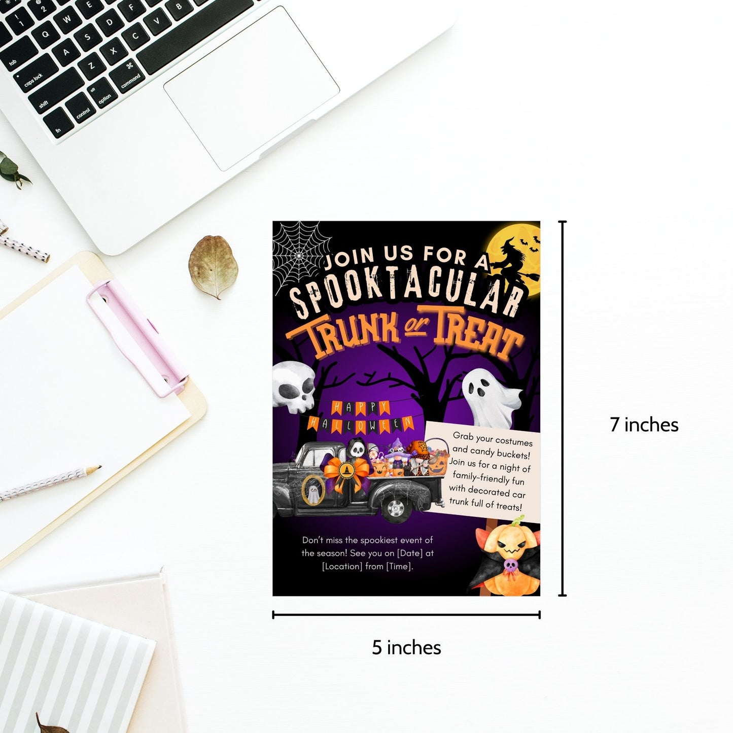 A vibrant Halloween Trunk or Treat invitation featuring spooky trees, a decorated truck with candy, cute ghosts, pumpkins, and a friendly skeleton, inviting families to a night of fun with customizable text fields.