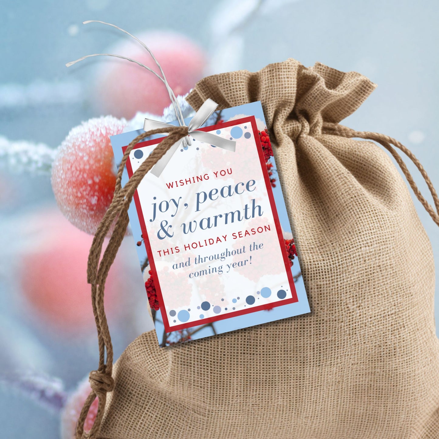 A set of eight printable and editable Christmas gift tags featuring an elegant icy blue and fiery red color palette, designed with a festive message. Each tag measures 2.5 x 3.5 inches, laid out on an 8.5 x 11-inch sheet, perfect for adding a personalized holiday touch.