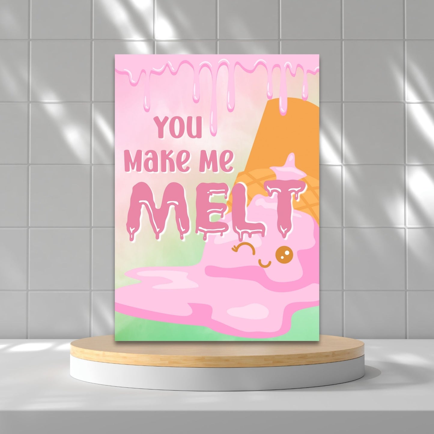 Printable Valentineās Day Greeting Card featuring the phrase āYou Make Me Meltā with an ice cream theme. Designed as a 5x7 PDF on an 8.5 x 11 sheet with two cards per page. A sweet and punny Valentineās card for loved ones.