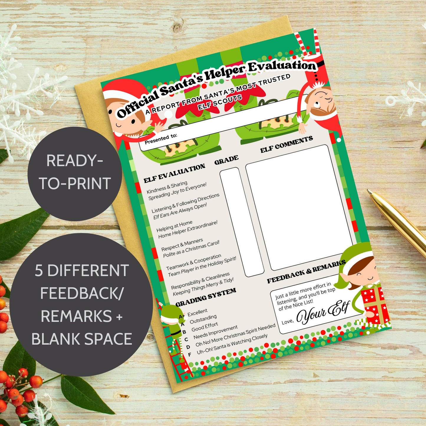 A playful Printable Elf Report Card, sized 5x7 inches, featuring festive holiday themes and adorable elf feedback options, designed to encourage good behavior and add a touch of Christmas magic.