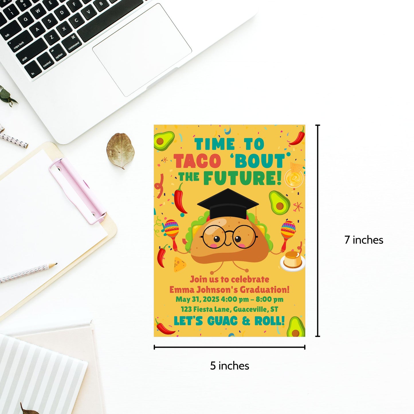 Single-sided taco-themed graduation invitation with confetti background, smiling taco in a graduation cap, and bold text “Time to Taco ‘Bout the Future.” Editable 5x7 Canva template.