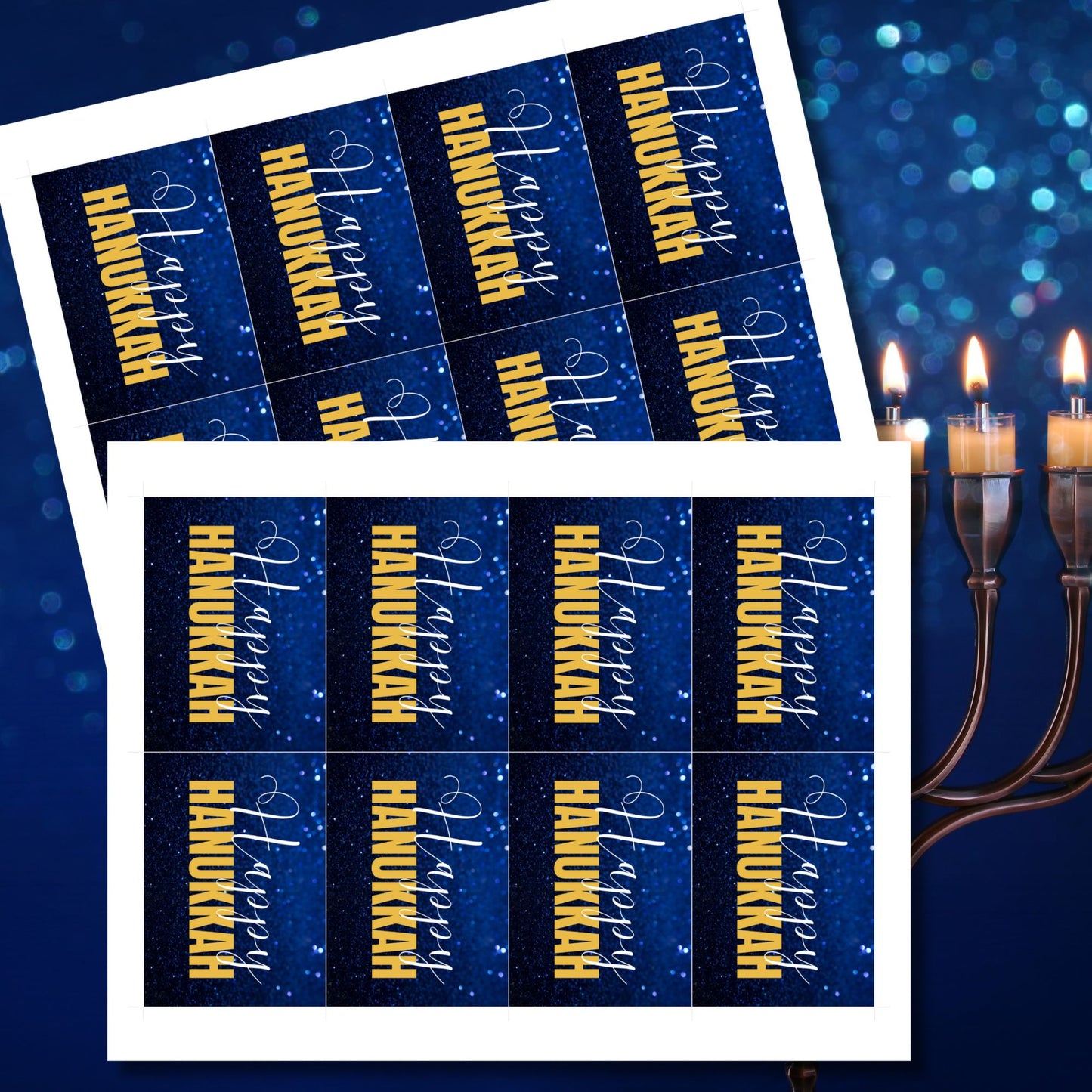 A set of Happy Hanukkah gift tags featuring "Happy Hanukkah" in white and gold text on a glittering blue background. Perfect for festive gift wrapping during the Festival of Lights.