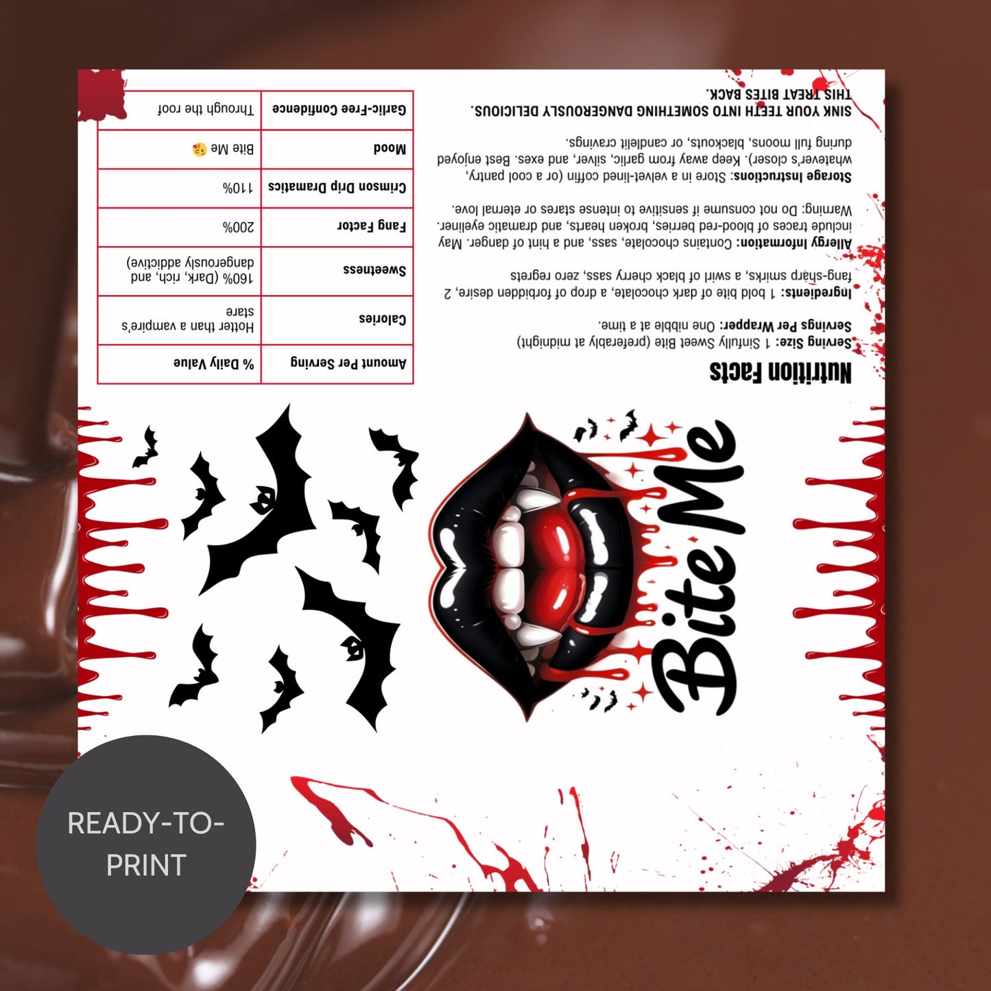 Halloween-themed design with vampire mouth graphic and text on a white background