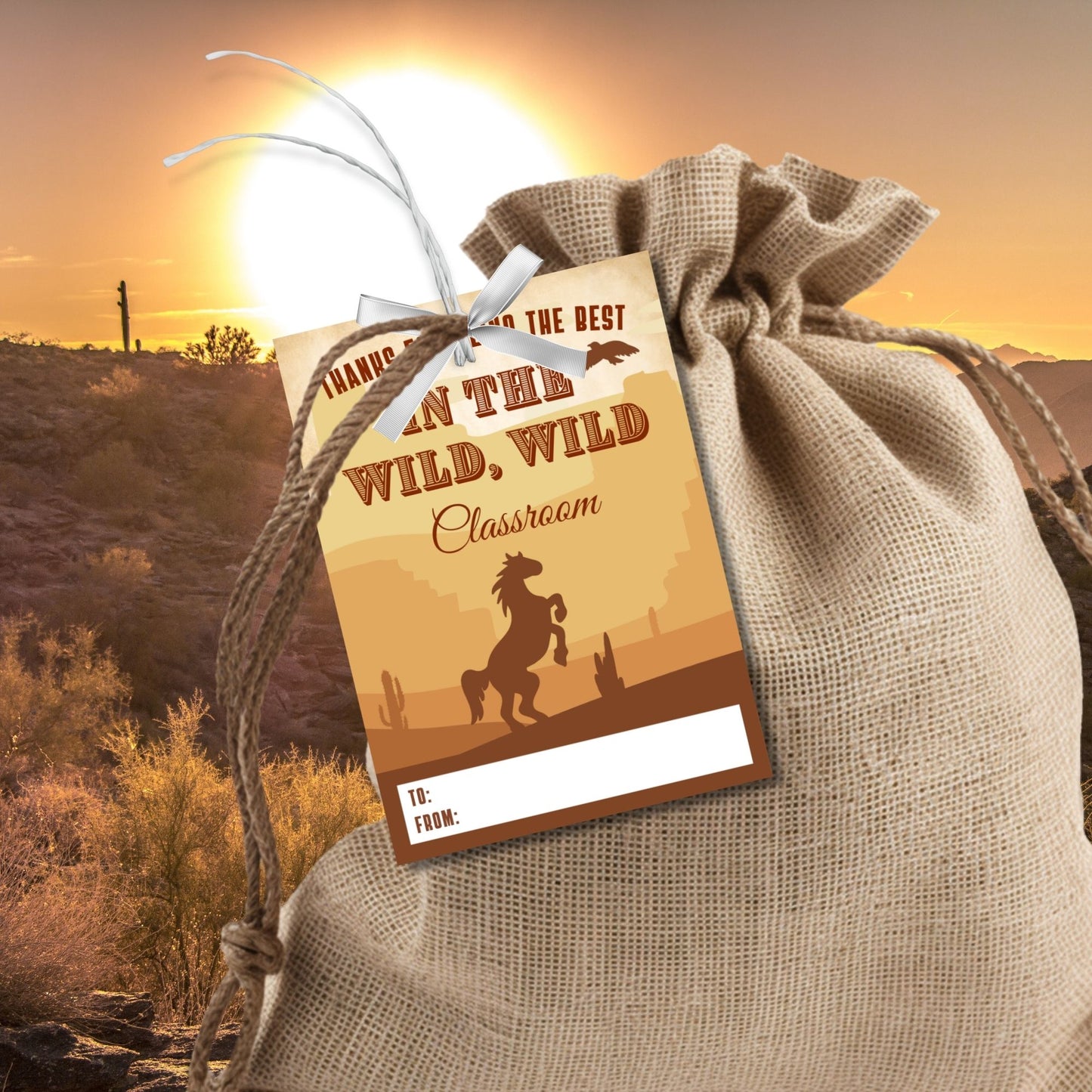 Western-themed teacher appreciation gift tags, sized 2.5 x 3.5 inches, with cowboy hat, boots, and lasso designs, laid out 8 per sheet on an 8.5 x 11-inch printable page. Includes editable Canva template for personalization.