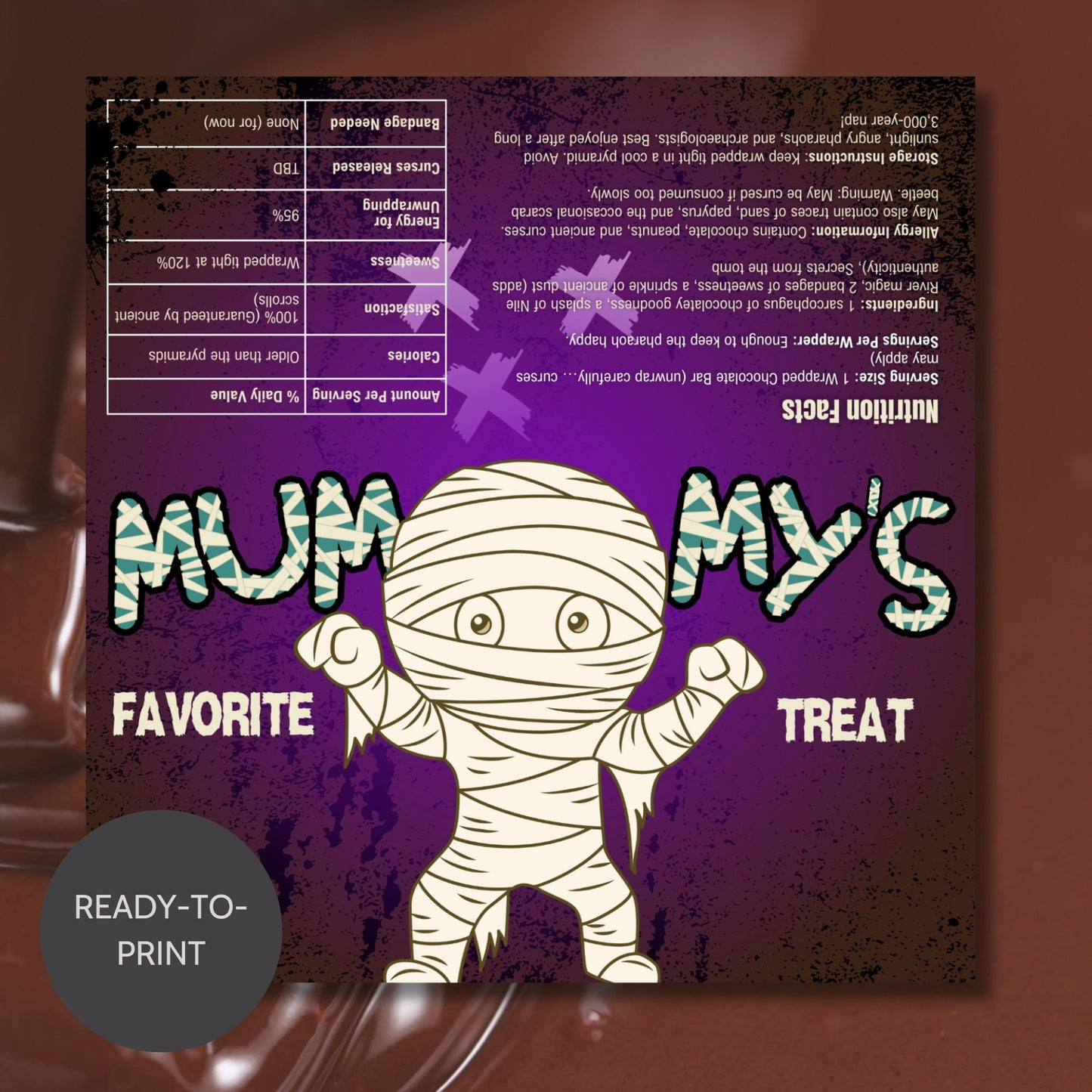 Printable and editable Mummy-themed Halloween chocolate bar wrapper featuring a fun mummy character, perfect for trick-or-treat and Halloween parties.